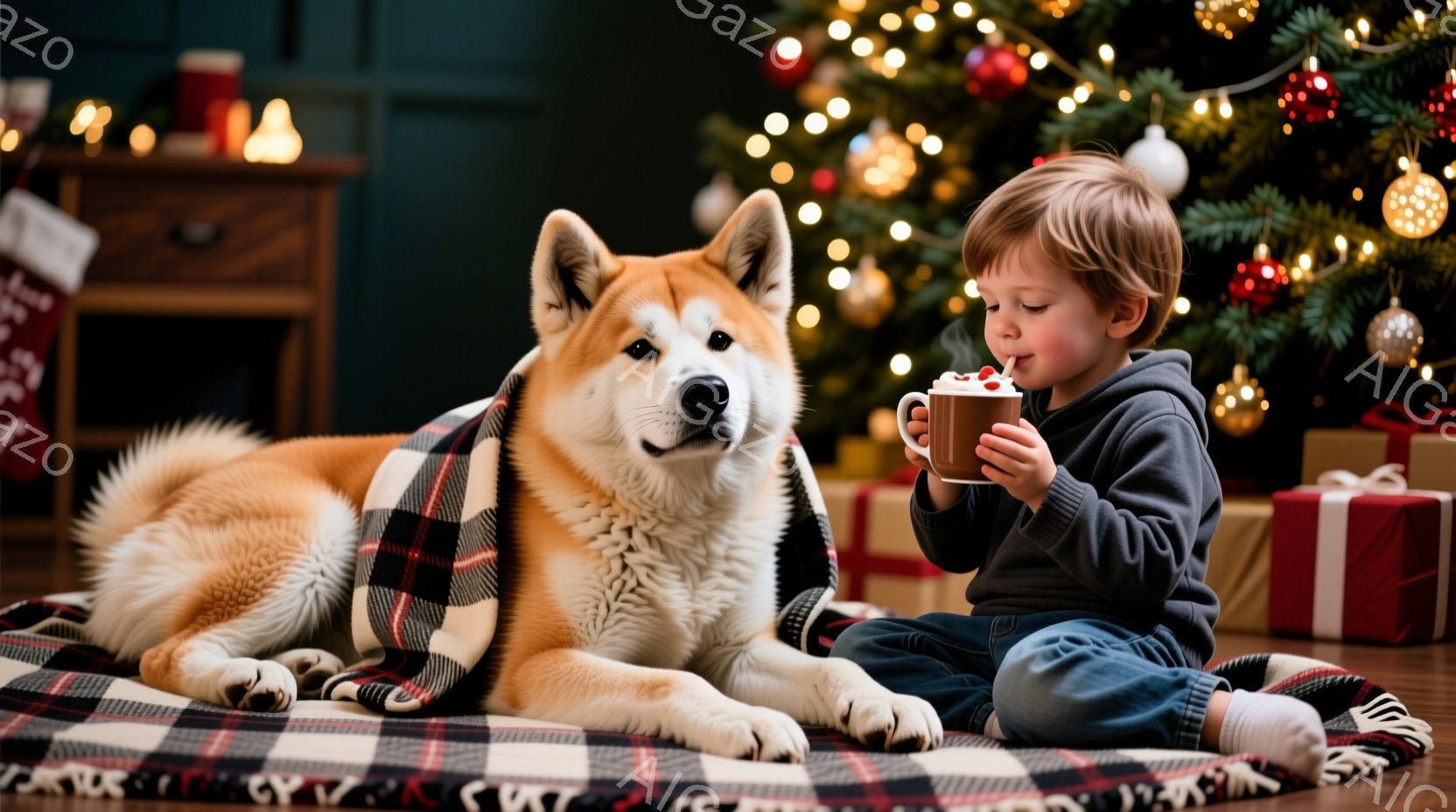 少年は床に座り、ホットチョコレートのような飲み物を楽しんでいます。彼は濃いグレーのセーターと濃い青色のズボンを身に着け、明るい茶色の髪は短く整えられています。背景にはクリスマスツリーが飾られ、赤いチェ - AI生成フリー素材