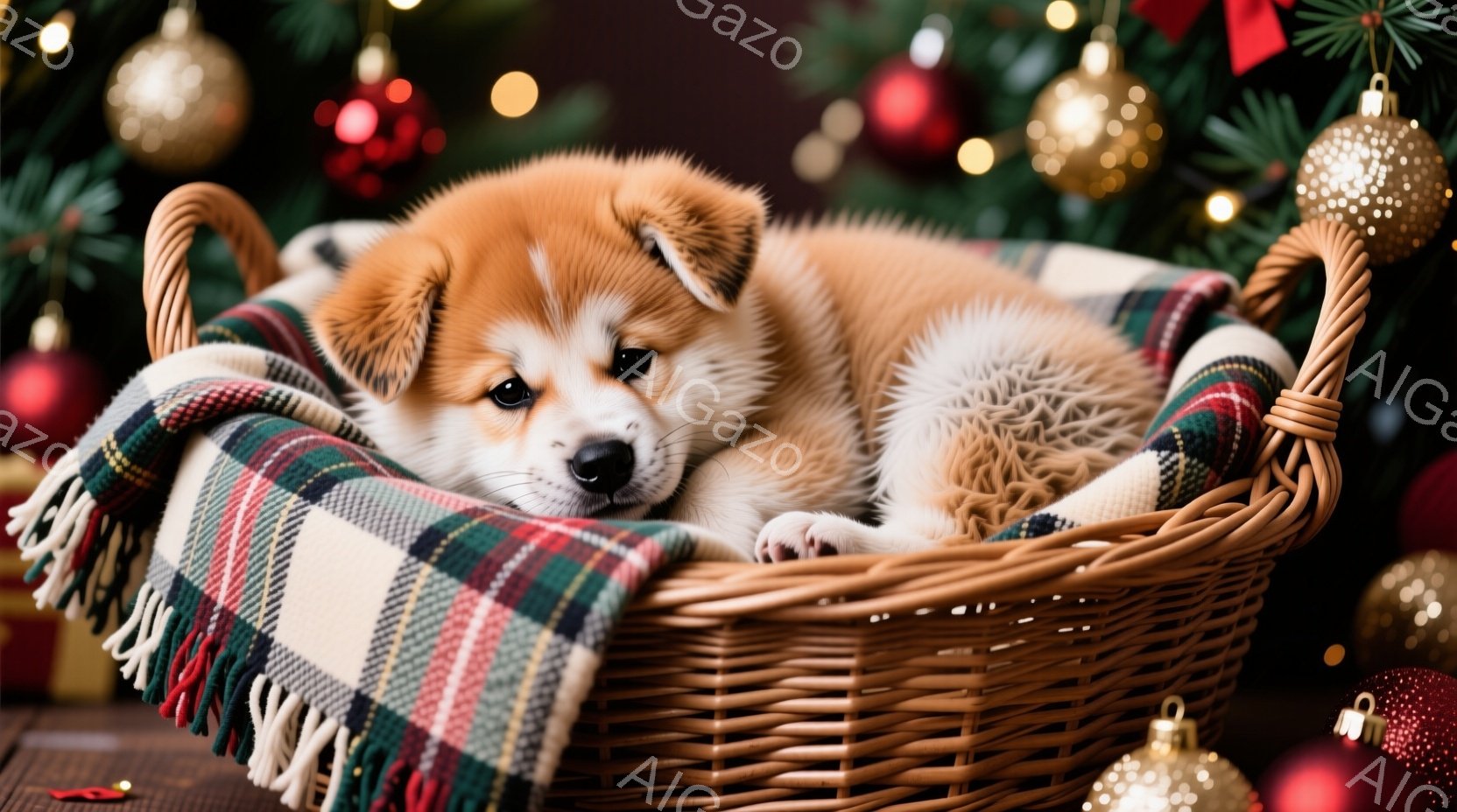 籠の中に小さな柴犬の子犬が丸まって眠っています。子犬は柔らかい毛並みで、白い爪と胸元が特徴的です。背景にはクリスマスツリーの飾りやオーナメントが散りばめられており、暖かく穏やかな雰囲気を醸し出していま - AI生成フリー素材
