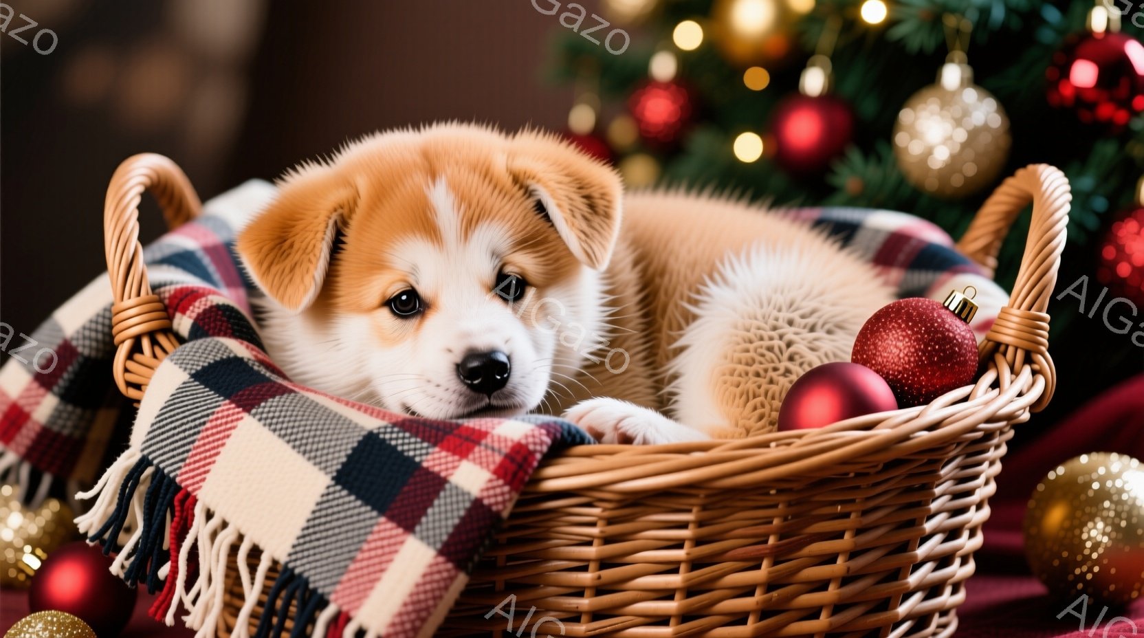 白い毛並みの秋田犬の子犬が、クリスマスの電飾にじゃれついている様子が写っている。暖炉の火が灯っており、背景にはクリスマスツリーとプレゼントが置かれ、温かく心地よい雰囲気が漂っている。子犬はリラックスし - AI生成フリー素材