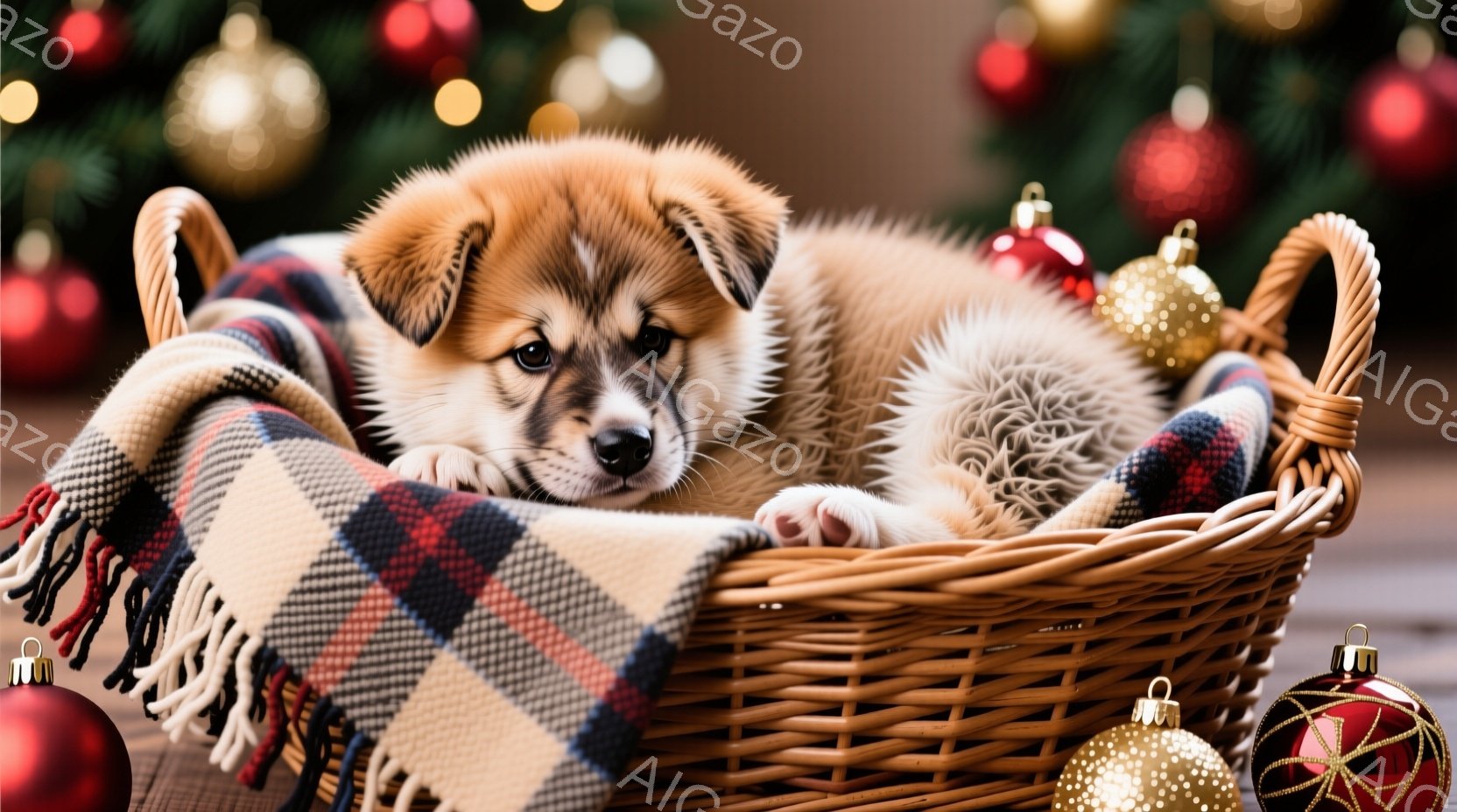 籐のバスケットの中に、ふわふわの茶色い子犬が丸まって眠っています。子犬は赤いチェック柄の毛布に寄りかかり、リラックスした表情をしています。背景にはクリスマスの飾り付けがあり、暖かく、お祝いの雰囲気が漂 - AI生成フリー素材