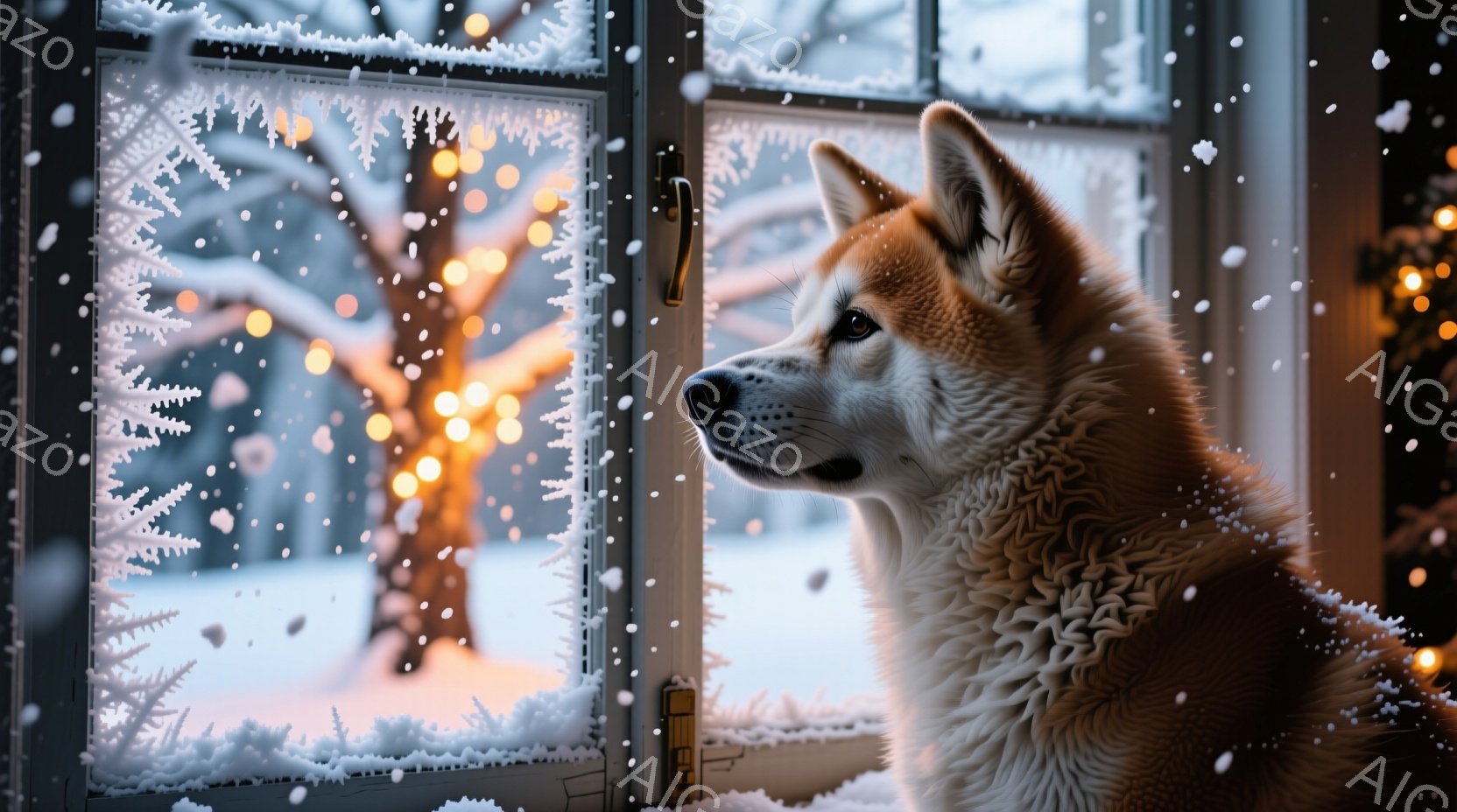 窓辺に座る秋田犬が描かれています。犬は外の雪景色を眺めており、その表情は穏やかでどこか物憂げです。背景には雪に覆われた木々と、ぼんやりとした暖かい光が灯る家々が見え、静かで幻想的な冬の雰囲気を醸し出し - AI生成フリー素材