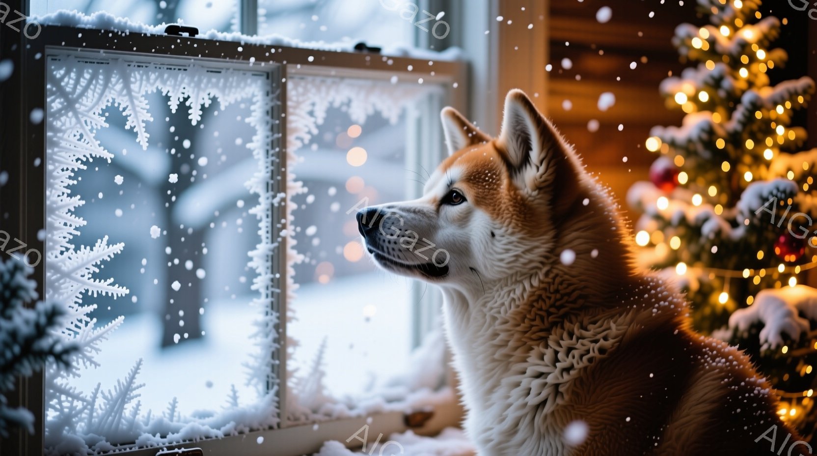 窓辺に佇む秋田犬が描かれています。雪が降り積もり、窓ガラスには雪の結晶が模様のように描かれ、外は真っ白な雪景色です。室内はクリスマスツリーの温かい光で照らされ、犬は外を見つめながら、静かで穏やかな冬の - AI生成フリー素材
