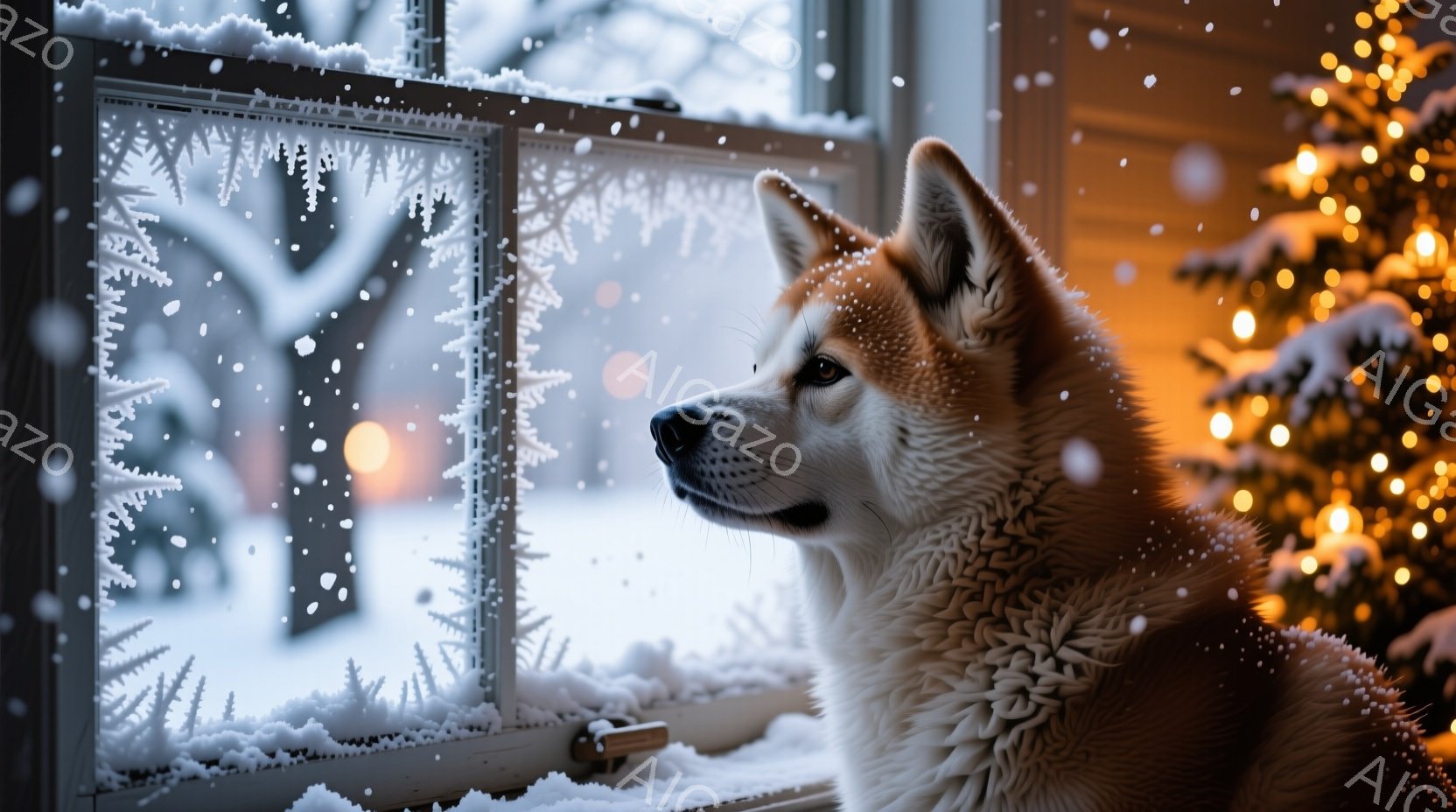 窓辺に佇む秋田犬が、雪景色を静かに見つめている。窓枠には雪が降り積もり、室内には温かい光が灯り、クリスマスの飾り付けがぼんやりと見える。雪と光のコントラストが、安らぎと温かい雰囲気を醸し出している。 - AI生成フリー素材