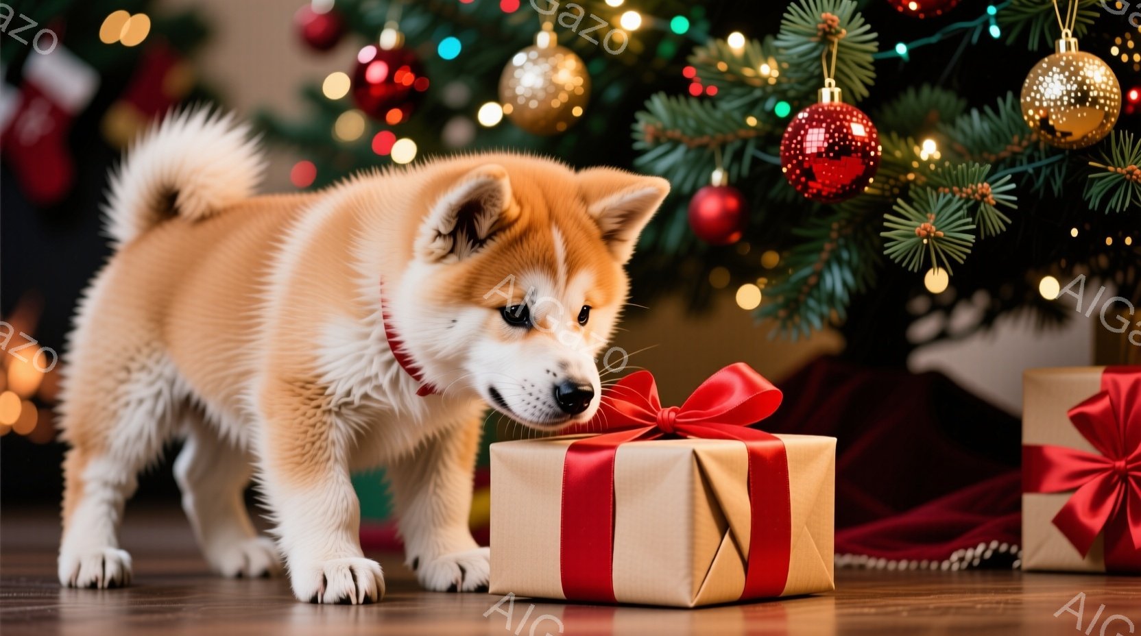小さな秋田犬の子犬が、赤いリボンで結ばれた茶色のプレゼントの箱に鼻を近づけています。背景には、クリスマスツリーの緑の葉とキラキラ光るオーナメント、そして赤い布が見え、暖かくお祝いムードを醸し出しています。木製の床の上で、子犬は好奇心旺盛な表情でプレゼントを調べているようです。