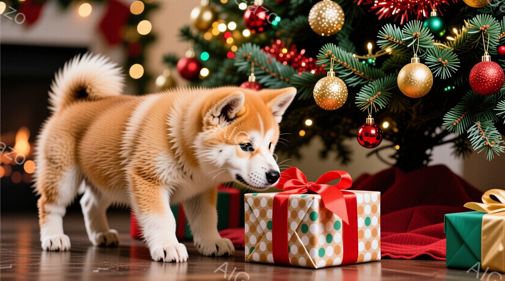 暖炉のそばに置かれたクリスマスツリーの前で、柴犬の子犬がプレゼントの箱に鼻を近づけています。子犬は茶色と白の毛並みで、好奇心に満ちた表情で箱を嗅いでおり、その姿勢は遊び心に満ちています。背景にはキラキ - AI生成フリー素材