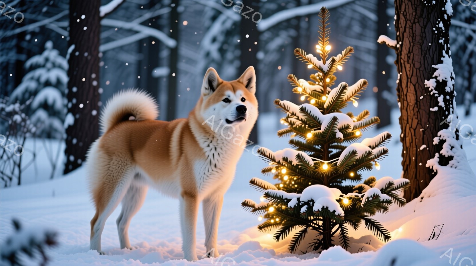 雪景色の中に、ふわふわの毛並みの秋田犬が立っている。犬の周りには雪が積もり、背後にはクリスマスの飾り付けがされた小さなモミの木が暖かく光っている。 全体的に、冬の静けさとクリスマスの温かさが感じられる - AI生成フリー素材