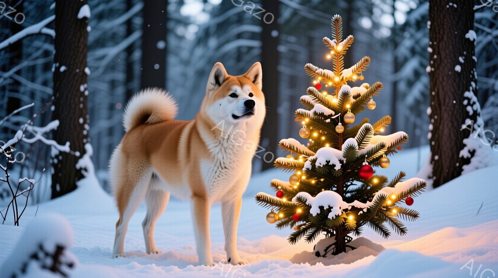 雪景色の中に、赤茶色の柴犬が立っている。背景には、クリスマスツリーが飾られ、雪の上に暖かく光っている。全体的に、冬の静けさとクリスマスの温かさを感じる、穏やかな雰囲気の画像である。 - AI生成フリー素材