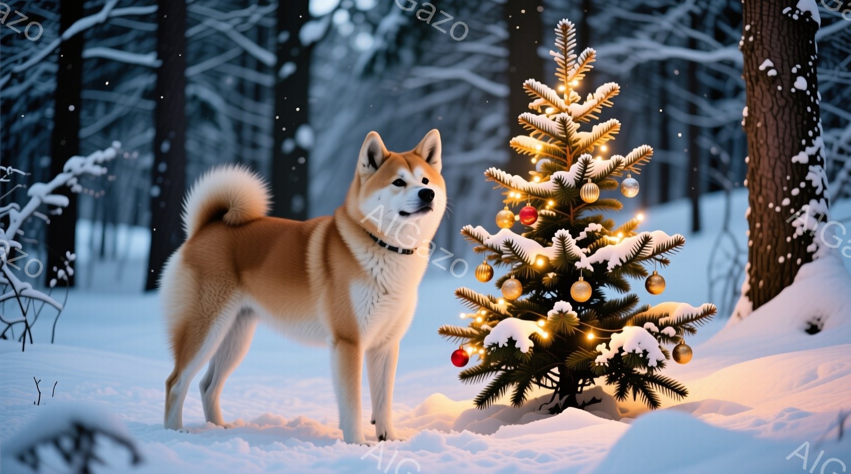 雪景色の中に、可愛らしい柴犬が立っている。背景には、雪で覆われた木々と、電飾で飾られた小さなクリスマスツリーがあり、温かい光が周囲を照らしている。柴犬はまっすぐ前を向き、落ち着いた表情で、冬の静寂と温 - AI生成フリー素材