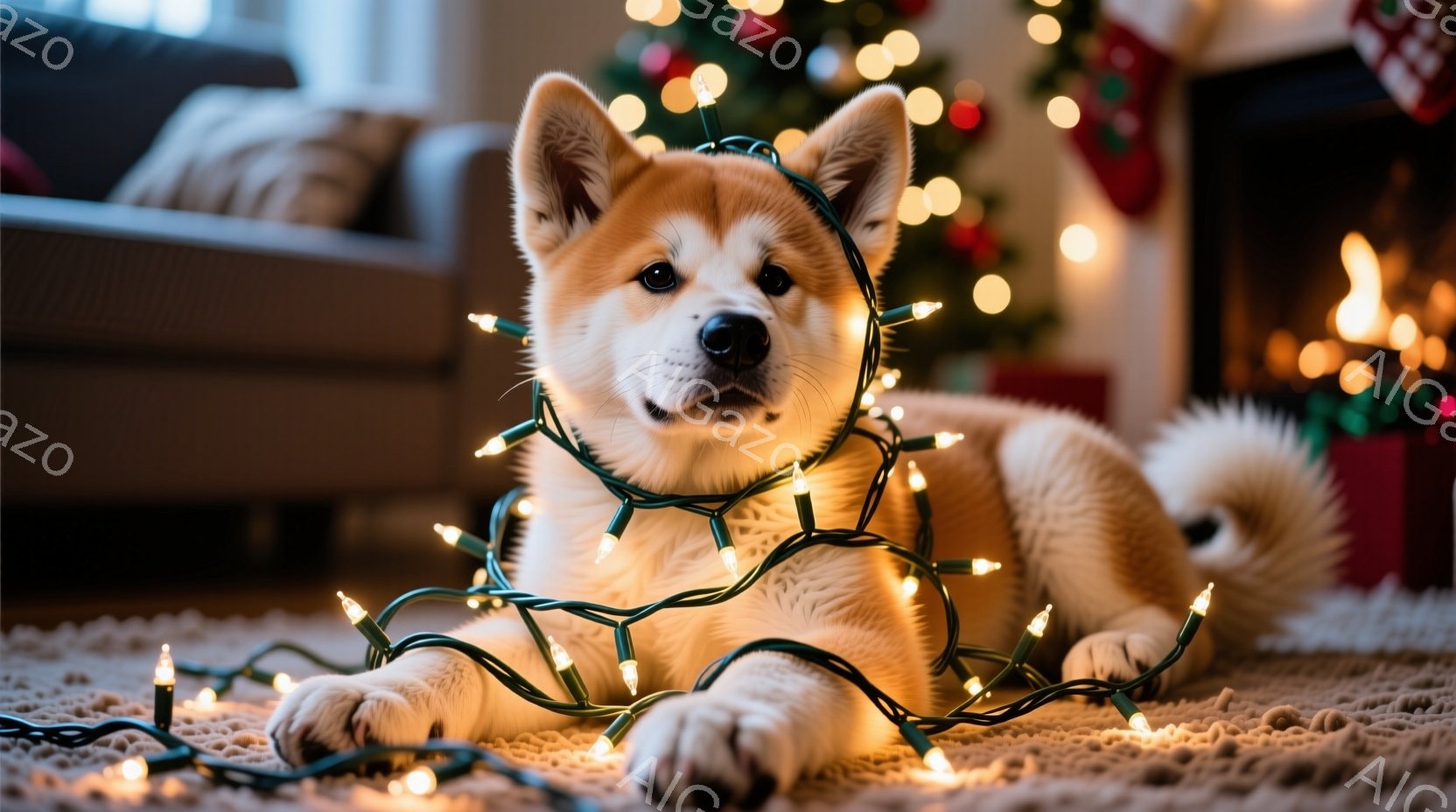 白とクリーム色の毛並みの秋田犬の子犬が、カーペットの上に横たわり、クリスマスツリーのイルミネーションライトに絡まっています。子犬は前足を伸ばし、穏やかな表情でカメラを見つめており、背景にはぼやけたクリ - AI生成フリー素材