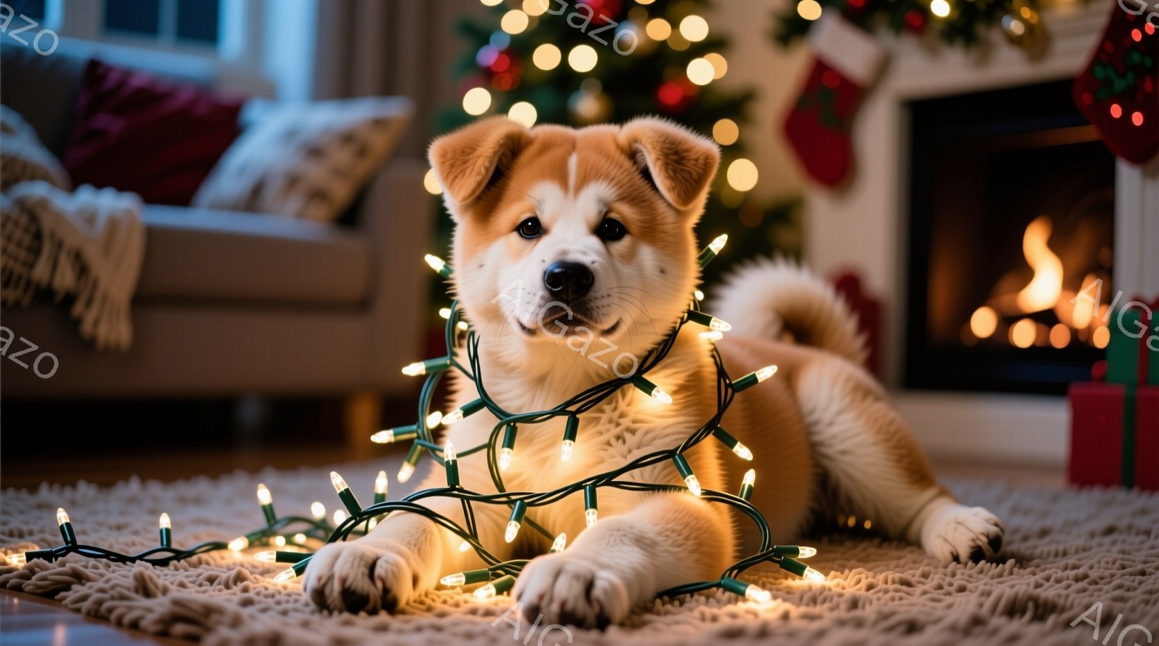 暖炉とクリスマスツリーのある部屋の敷物の上で、子犬がクリスマスライトに絡まっています。子犬はクリーム色の毛並みで、リラックスした表情で横たわっており、大きな前足がライトの上に乗っています。背景には、ぼ - AI生成フリー素材