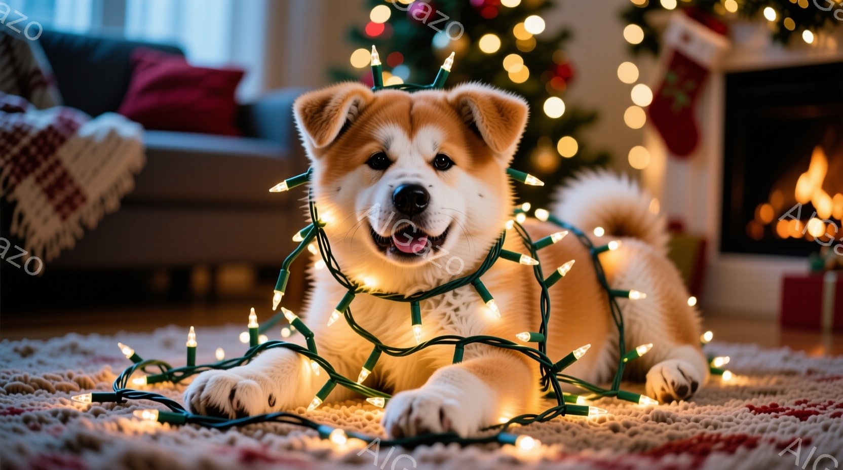 暖炉のそばの敷物の上で、クリスマスの電飾に包まれた子犬がリラックスして横たわっています。毛並みが柔らかく、口を開けて楽しそうに微笑んでいます。背景にはクリスマスツリーが飾られ、暖炉の火が暖かく輝き、ホ - AI生成フリー素材