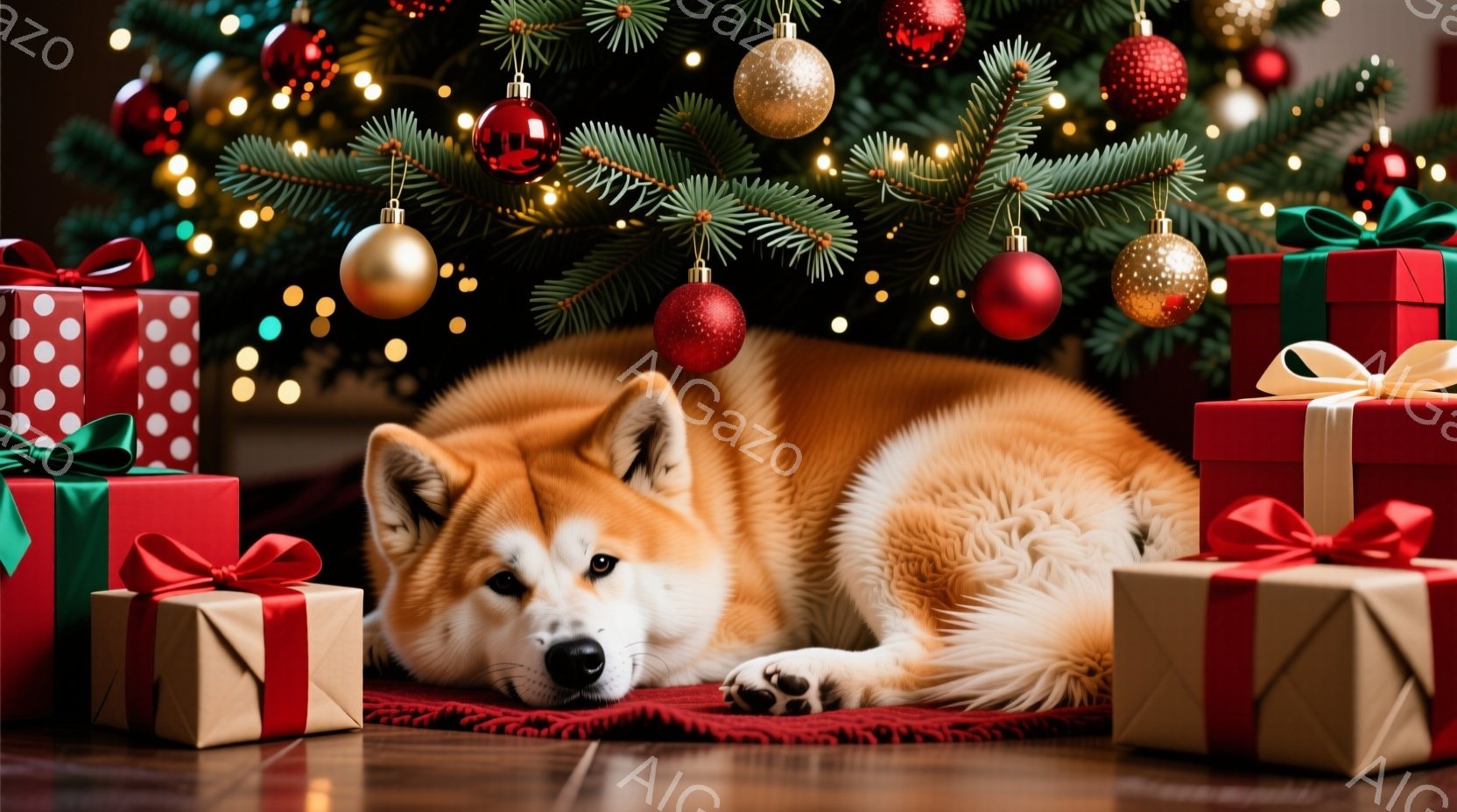 柴犬が赤い敷物の上で、クリスマスツリーの周りのプレゼントに囲まれて横たわっています。犬はリラックスした表情で、丸い茶色の瞳がこちらを見つめており、毛並みは艶やかで美しいです。背景には、赤と金のオーナメントで飾られた緑豊かなクリスマスツリーがぼやけ、温かくお祝いムードに満ちた雰囲気です。