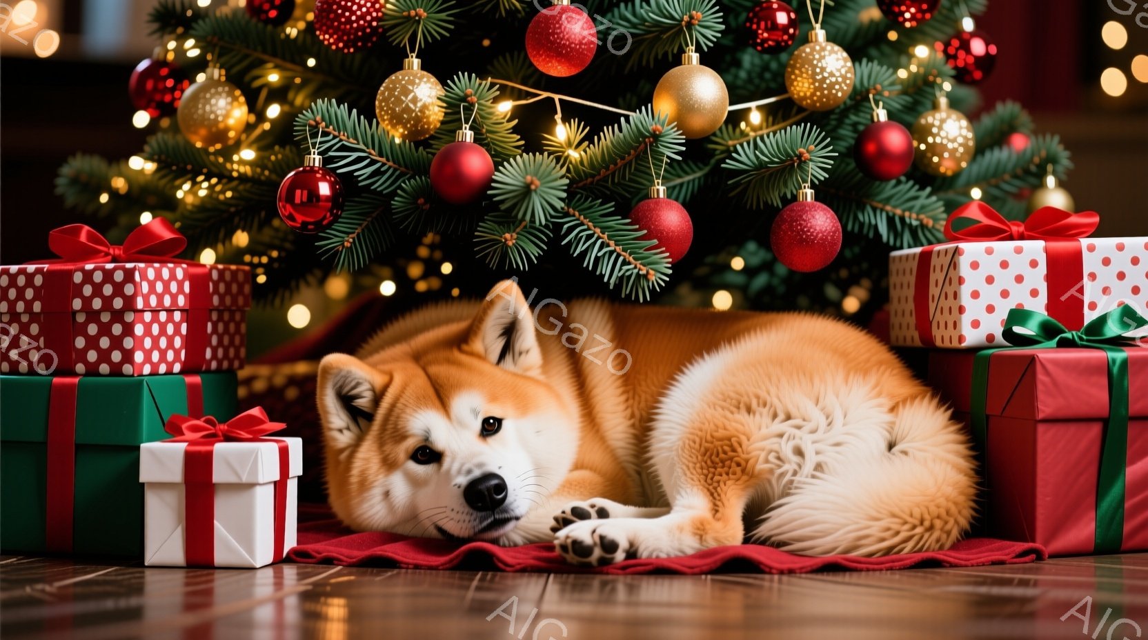柴犬が赤い敷物の上でリラックスして横たわっており、周囲にはプレゼントの箱が置かれている。背景にはクリスマスツリーが飾られ、赤い、金色のオーナメントと光が輝いている。全体的に暖かく、祝祭的な雰囲気が漂う、冬のホリデーシーズンを象徴する光景である。