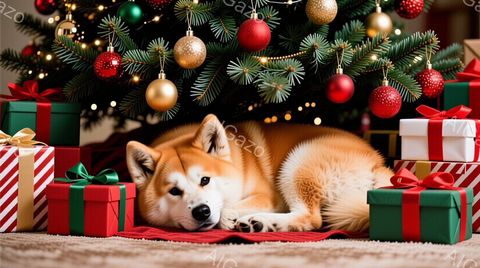 鮮やかなクリスマスツリーの下に、毛並みの美しい秋田犬が横たわっています。犬はリラックスした様子で、いくつかの色とりどりのプレゼントに囲まれており、暖かく穏やかな雰囲気が漂っています。背景には、赤、緑、 - AI生成フリー素材