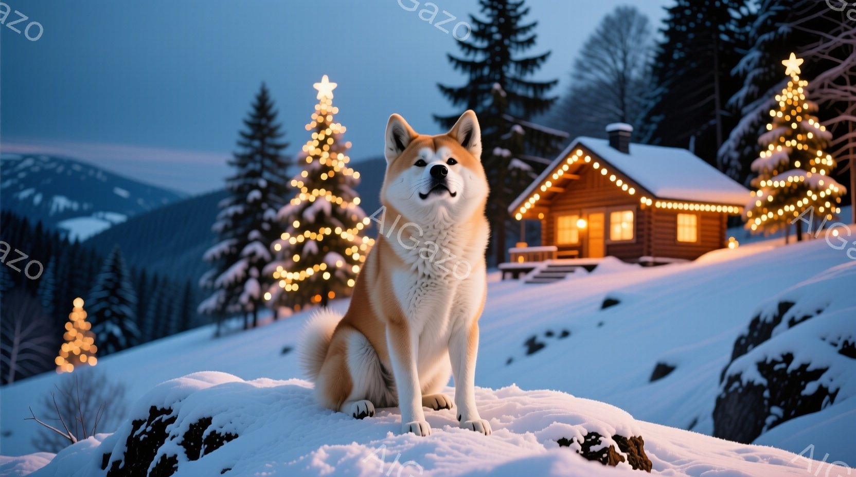 雪景色の中に、毛並みの美しい柴犬が座っています。背景にはクリスマスツリーのように飾り付けられた常緑樹と、温かい光が灯る可愛らしい木造の家が見え、冬の暖かな雰囲気を醸し出しています。雪はふり積もり、穏や - AI生成フリー素材