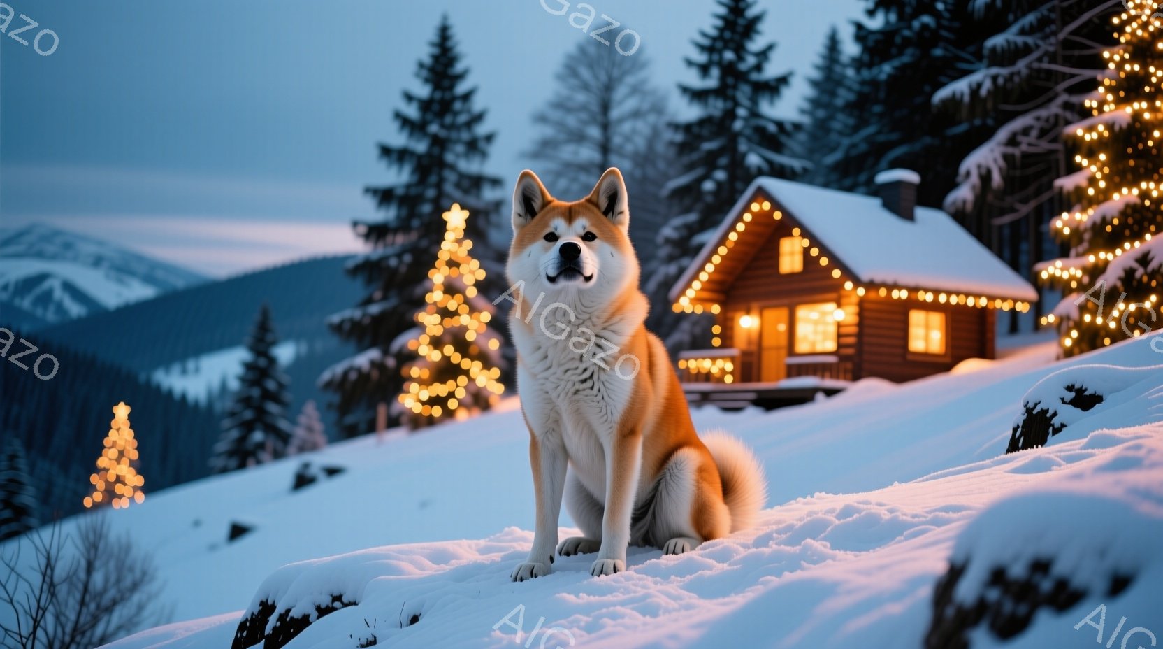 雪景色の中に、毛並みの美しい秋田犬が凛々と座っています。背景には、温かい光を灯したログハウスと、イルミネーションで飾られた木々が広がり、冬の静かで幻想的な雰囲気を醸し出しています。犬の視線は正面に固定 - AI生成フリー素材