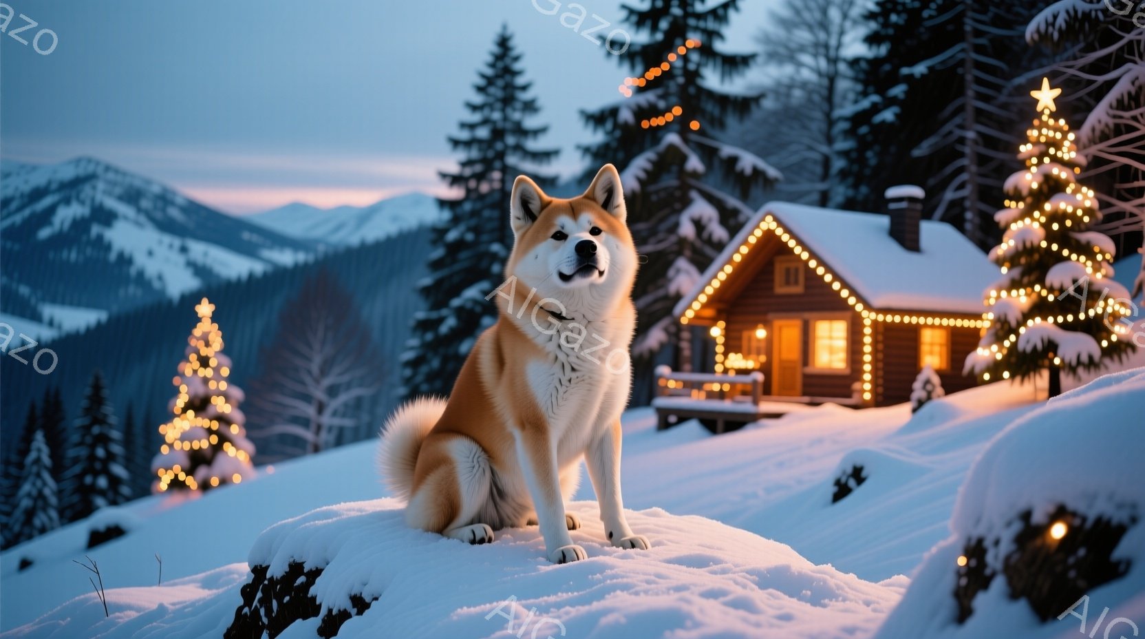 雪に覆われた丘の上に、赤褐色の柴犬が堂々と座っている。背景には、イルミネーションで飾られた可愛らしいログハウスと、雪をまとった針葉樹林が広がり、冬の静寂と暖かさを感じさせる。夕暮れ時の空は淡いピンク色 - AI生成フリー素材