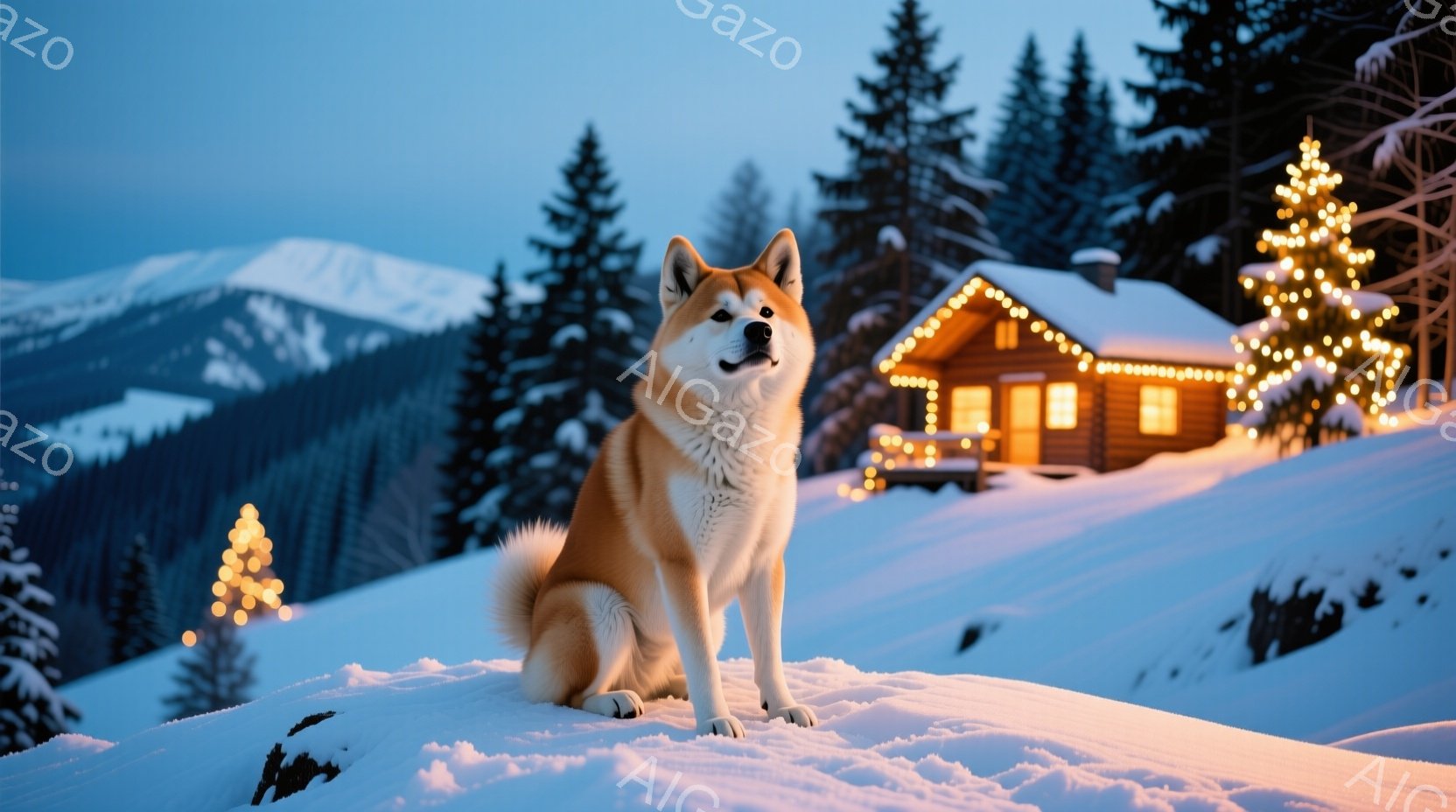 柴犬が雪に覆われた丘の上に座り、正面を見据えています。背景には、イルミネーションで飾られた可愛らしい木造の家と、雪をまとった深い森が広がっています。夕暮れ時の穏やかな光が、暖かく幻想的な冬の雰囲気を醸 - AI生成フリー素材