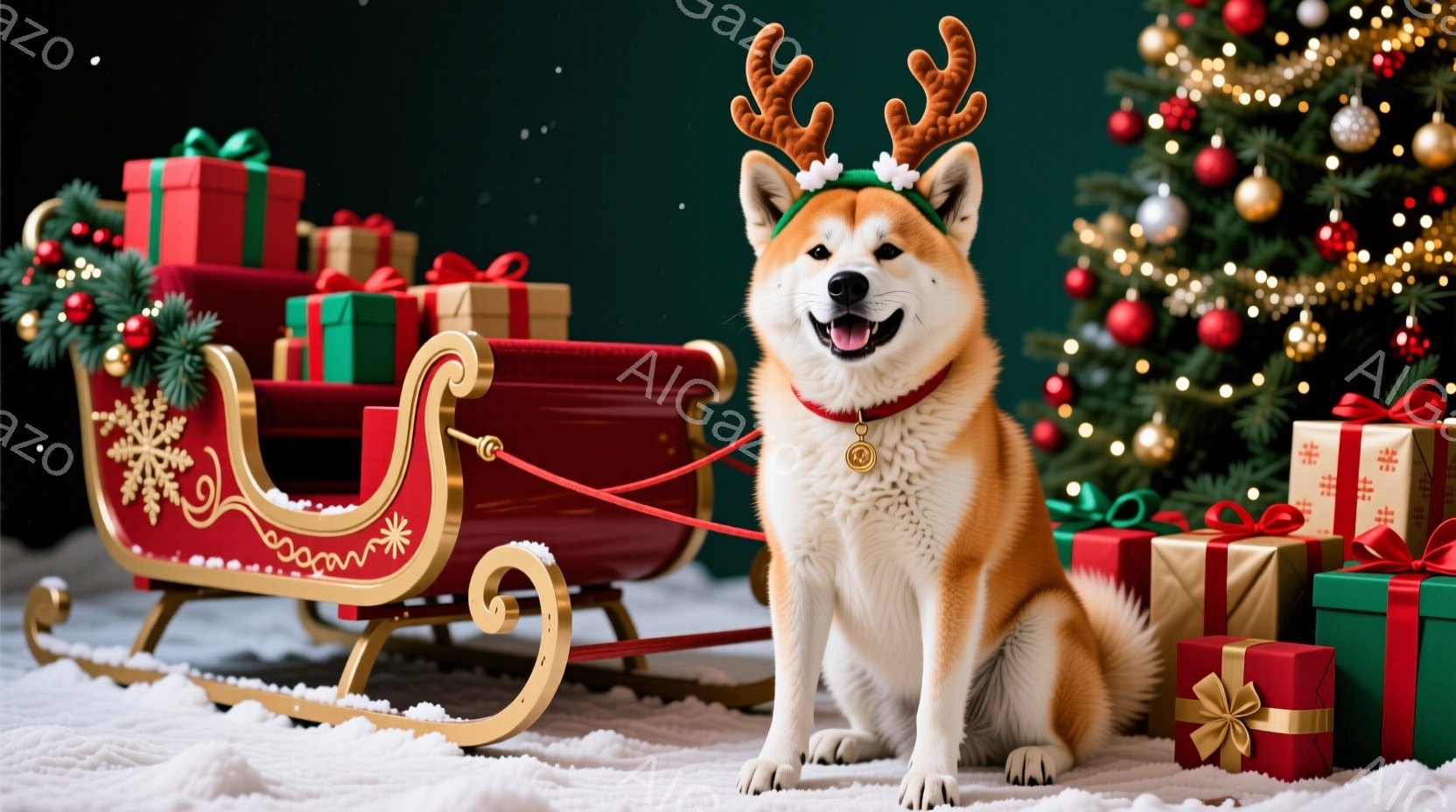 赤いそりに座った柴犬が描かれています。柴犬はトナカイの角を付けており、嬉しそうな表情で正面を見ています。背景にはクリスマスツリーとプレゼントの山があり、雪景色の中で温かく幸せなクリスマスの雰囲気を表現 - AI生成フリー素材