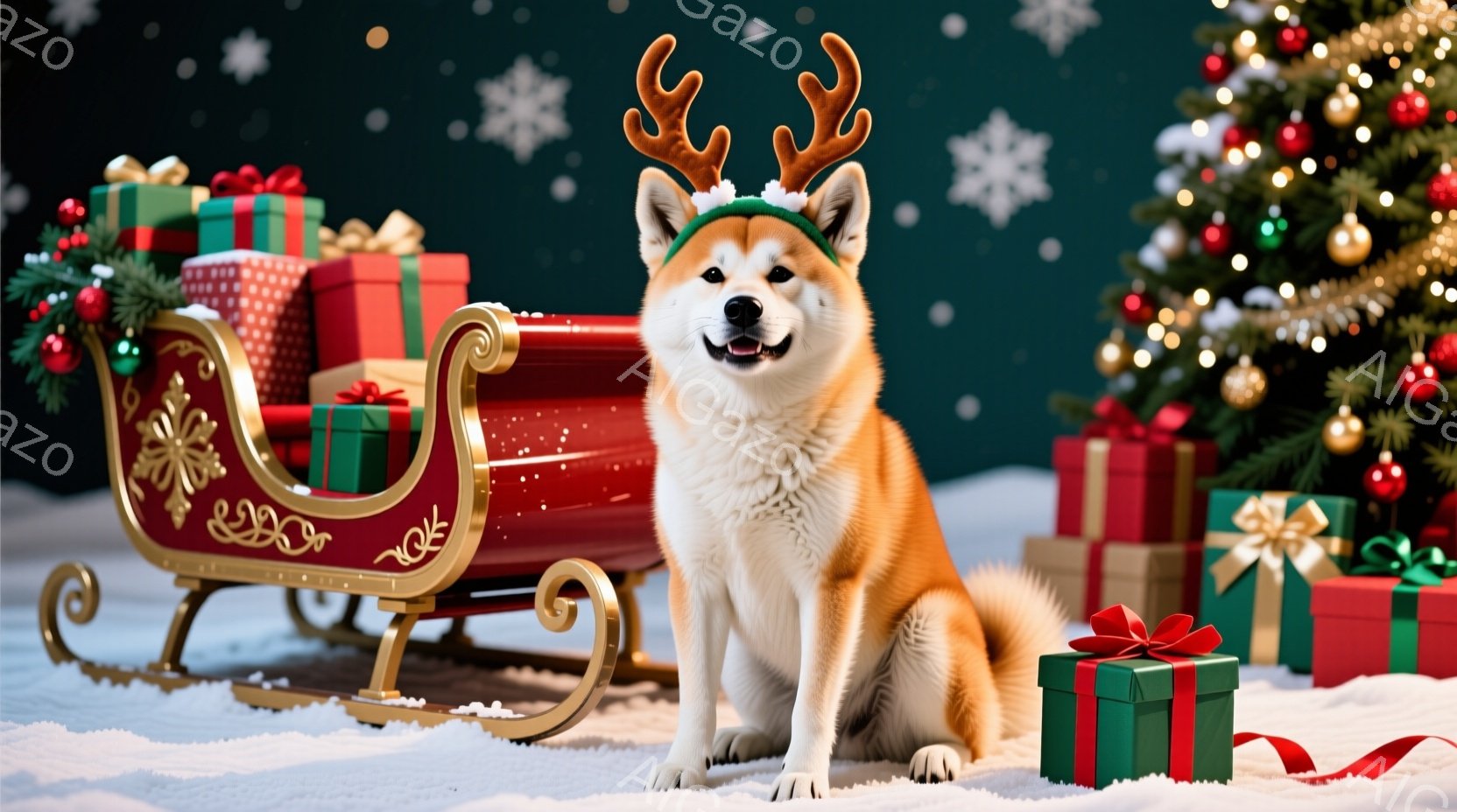 柴犬がクリスマスをテーマにした背景の前で座っており、頭にはトナカイの角をつけています。背景には、プレゼントボックス、雪、そしてクリスマスツリーが飾られており、全体的に暖かくお祝いムードに満ちています。 - AI生成フリー素材