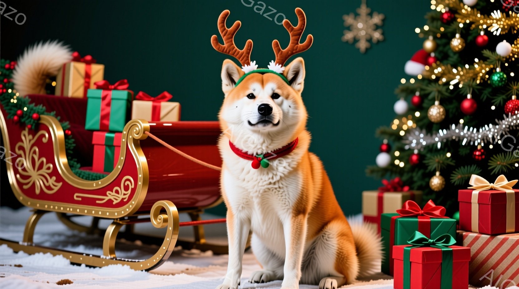 白い毛並みの秋田犬が、赤いトナカイの角のヘッドバンドと赤い首輪をつけて座っています。背景には、プレゼントの箱が積み上げられたそりや、緑と金色の飾りで飾られたクリスマスツリーが見え、雪景色が広がっていま - AI生成フリー素材