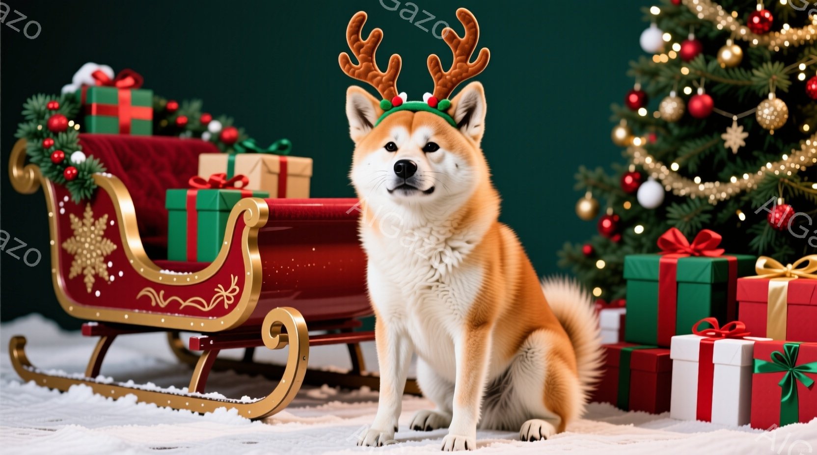 柴犬が赤いトナカイの角のヘッドバンドをつけて、雪の上に座っています。背景には、プレゼントで飾られたそりや、赤いオーナメントでいっぱいのクリスマスツリーが見え、全体的に暖かく、お祝いムードが漂っています - AI生成フリー素材