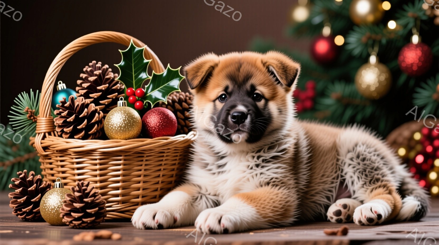 暖炉のそばにある木製のテーブルの上で、ふわふわの秋田犬の子犬がリラックスして横たわっています。子犬はクリーム色と茶色の毛並みで、大きな黒い目と優しい表情をしています。背景には、クリスマスツリーと、松ぼ - AI生成フリー素材