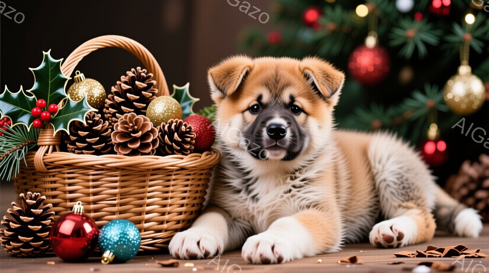 柔らかい毛並みの子犬が、クリスマスオーナメントと松ぼっくりが入った籐の籠の横に横たわっています。子犬は正面を向き、穏やかな表情でこちらを見ています。背景には、ぼやけたクリスマスツリーと飾りが見え、暖か - AI生成フリー素材