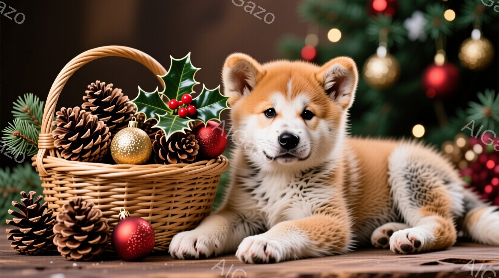 明るい茶色の毛並みの秋田犬の子犬が、木製のテーブルの上でリラックスして横たわっています。隣には、松ぼっくりと赤いオーナメントが入った編み込みのバスケットがあります。背景にはぼやけたクリスマスツリーが飾 - AI生成フリー素材