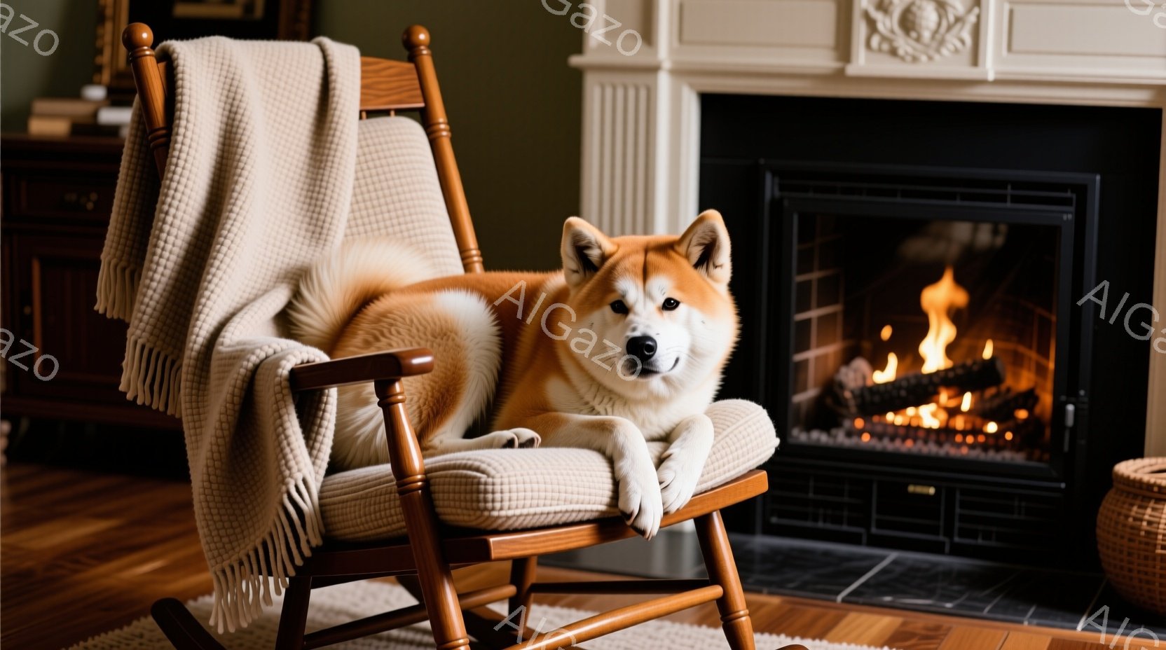 暖炉の前に揺り椅子に横たわる秋田犬が写っています。犬はリラックスした様子で、前足は椅子の肘掛けにかけ、穏やかな表情をしています。背景には木製のキャビネットと暖炉があり、部屋全体が暖かく、落ち着いた雰囲気です。