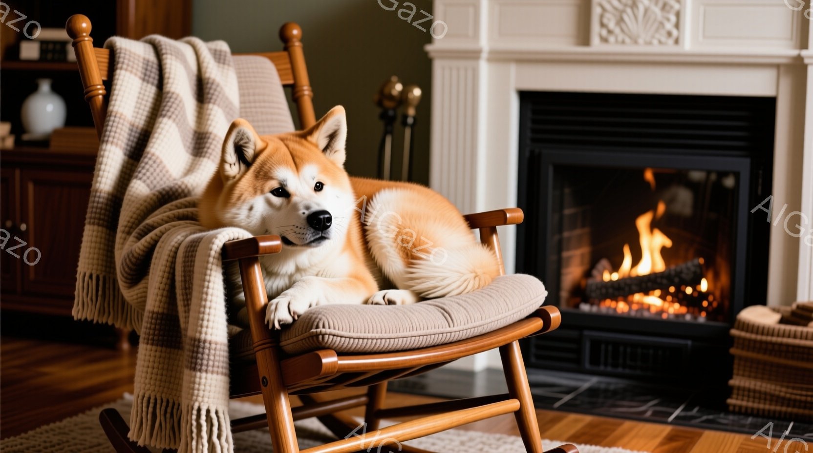 鮮やかな赤毛の柴犬が、ベージュ色のクッションが敷かれたロッキングチェアにゆったりと座っています。犬はリラックスした表情で、毛布を肩にかけ、暖炉の火を見つめているようです。背景には木製のキャビネットと暖 - AI生成フリー素材