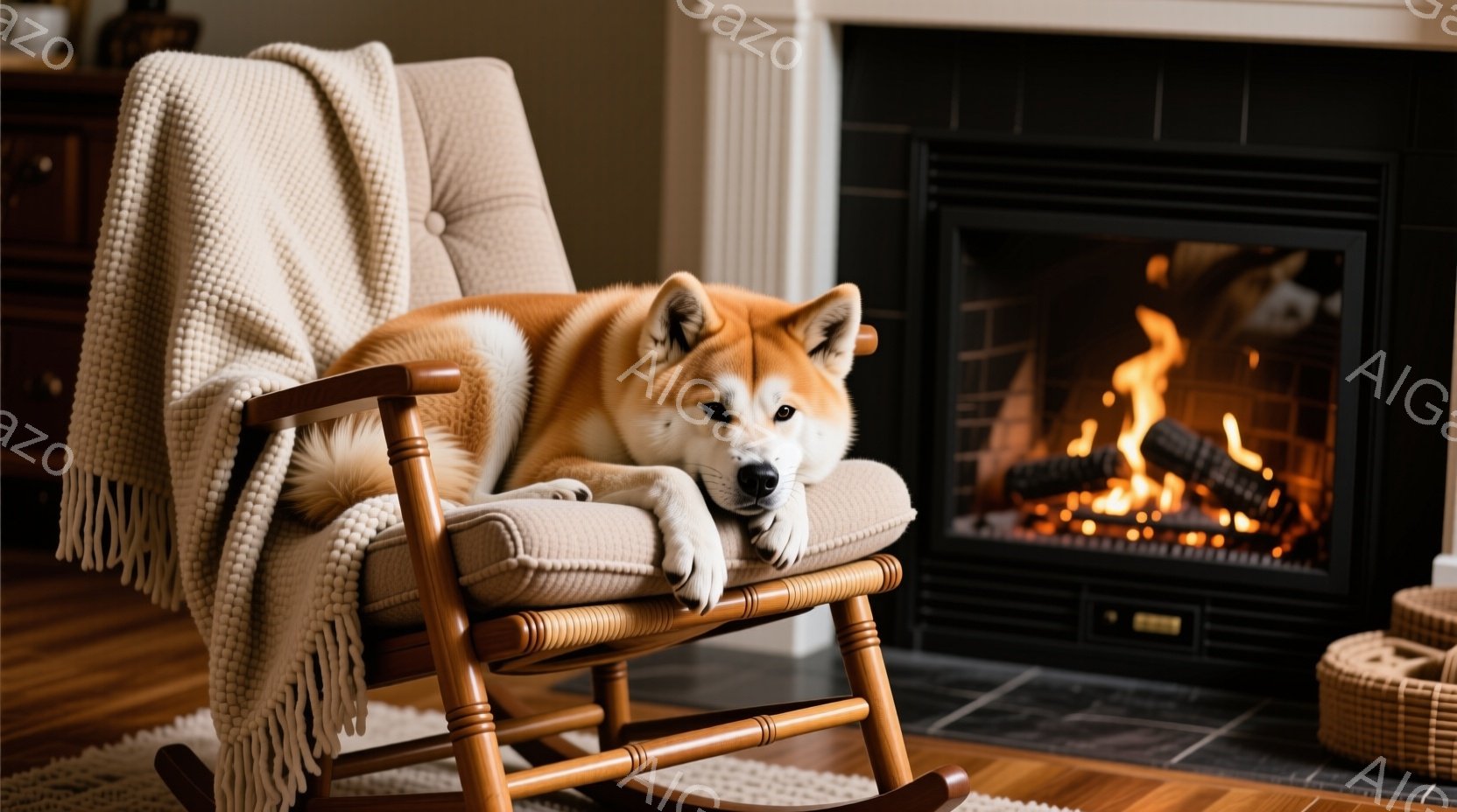 温かみのある室内で、柴犬が揺り椅子にゆったりと横たわっています。犬はリラックスした表情で、まるで椅子が自分のものかのようにくつろいでいます。背景には暖炉があり、炎が燃え盛り、部屋全体に穏やかで心地よい雰囲気を醸し出しています。