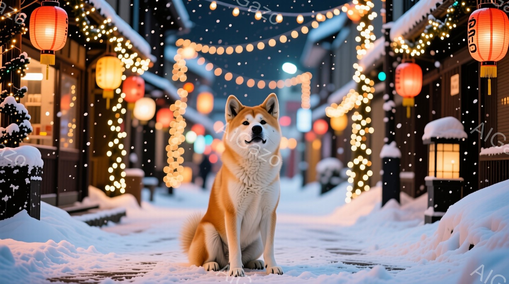 雪景色の中に、柴犬が正面を向いて座っています。周囲には雪が積もり、建物には提灯が飾られており、まるで冬の日本の古い街並みを思わせます。温かい光と雪のコントラストが、穏やかで幻想的な雰囲気を醸し出しています。
