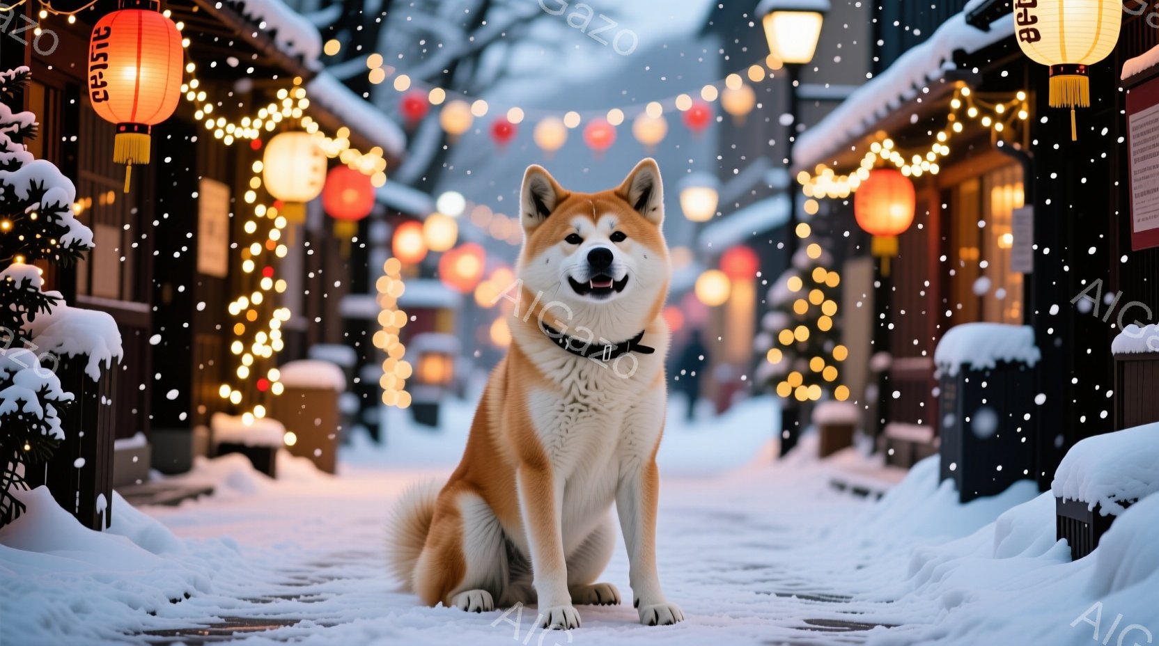 柴犬が雪景色の中、石畳の道に座っています。背景には伝統的な日本の建物が並び、提灯が灯り、幻想的な雰囲気を醸し出しています。雪が舞い散り、犬は穏やかな表情で正面を見つめており、温かく優しい印象を与えます - AI生成フリー素材