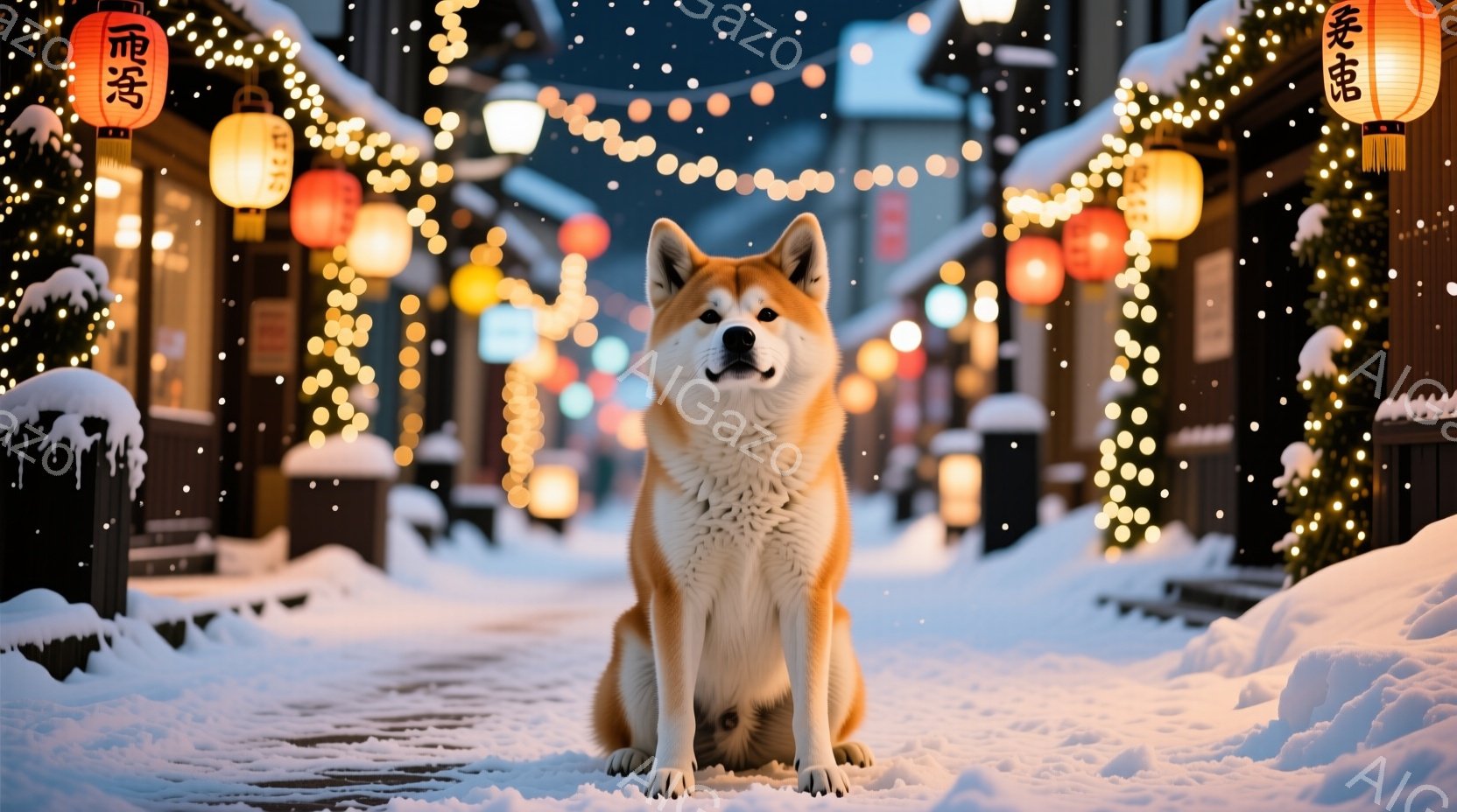 柴犬が雪積もる路地に座っています。背景には提灯が連なり、冬の夜の温かい雰囲気を醸し出しています。雪は静かに降り積もり、路地全体を幻想的に彩っています。 - AI生成フリー素材