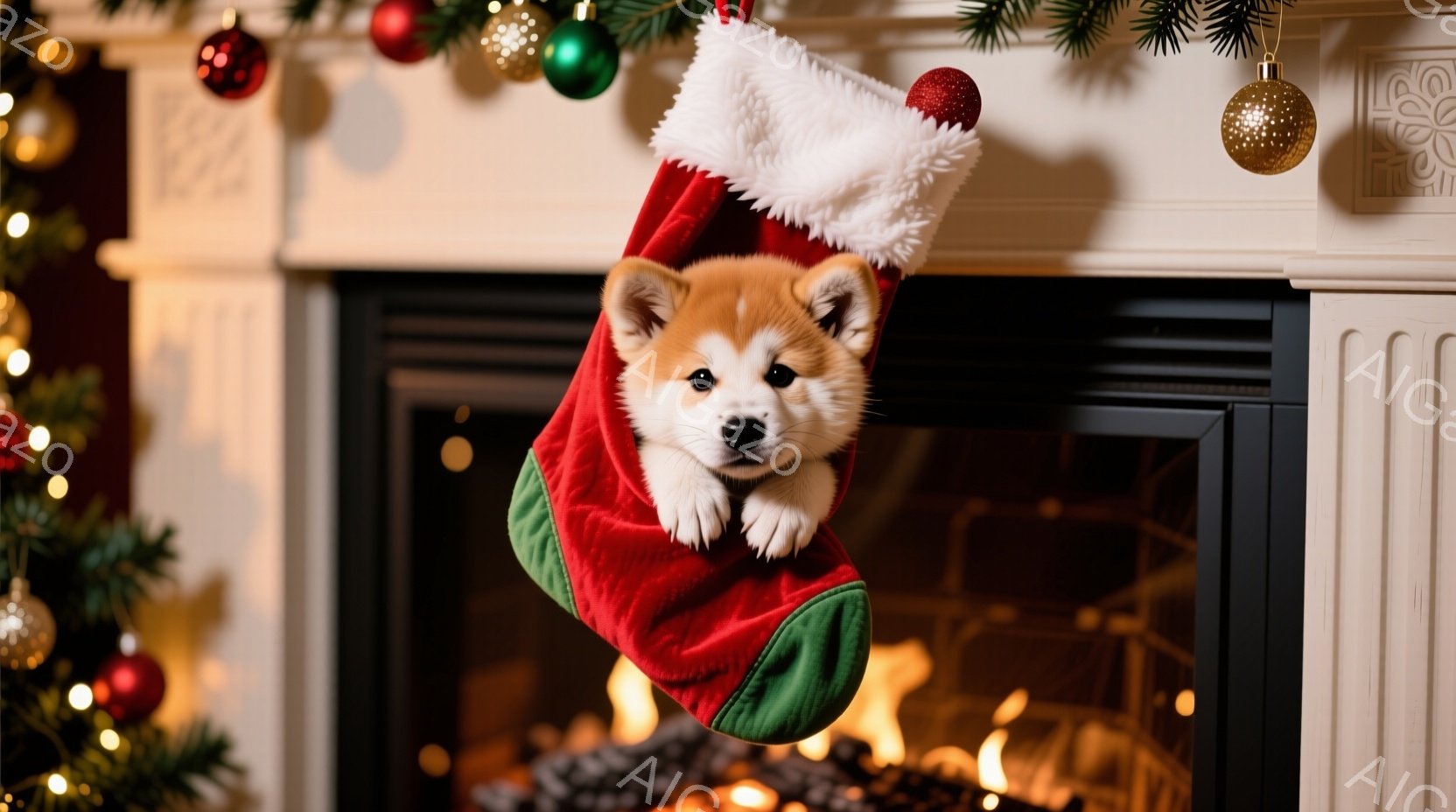 暖炉のそばに飾られたクリスマスストッキングの中に、可愛らしい柴犬の子犬が顔を出しています。子犬は少し不安そうですが、好奇心いっぱいの表情でこちらを見ています。背景には、クリスマスツリーの飾りや暖炉の炎 - AI生成フリー素材