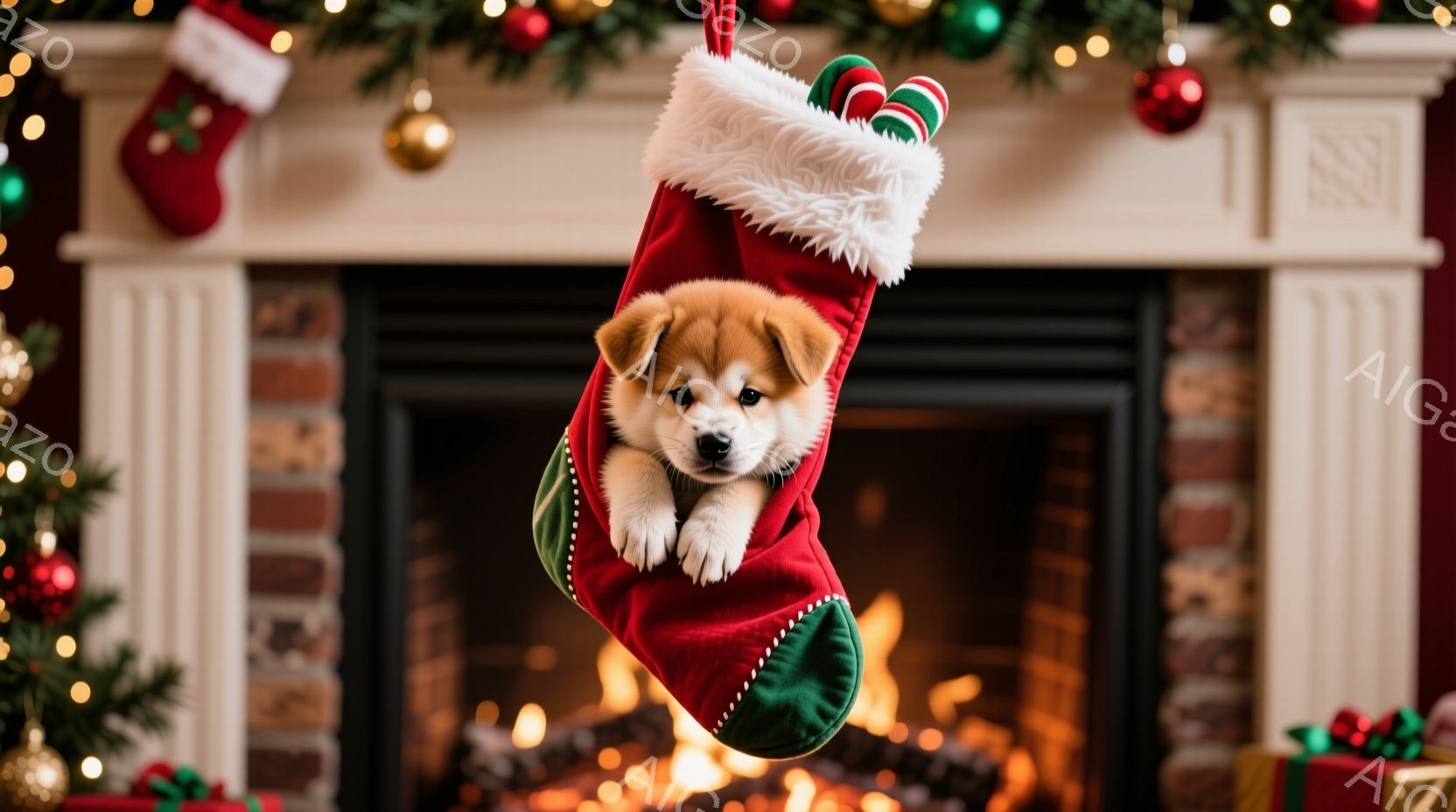 暖炉の前に飾られたクリスマスストッキングの中に、愛らしい子犬が顔を出しています。子犬は茶色い毛並みで、前足をストッキングの縁にかけ、好奇心旺盛な表情でこちらを見ています。背景には、クリスマスツリーやプ - AI生成フリー素材