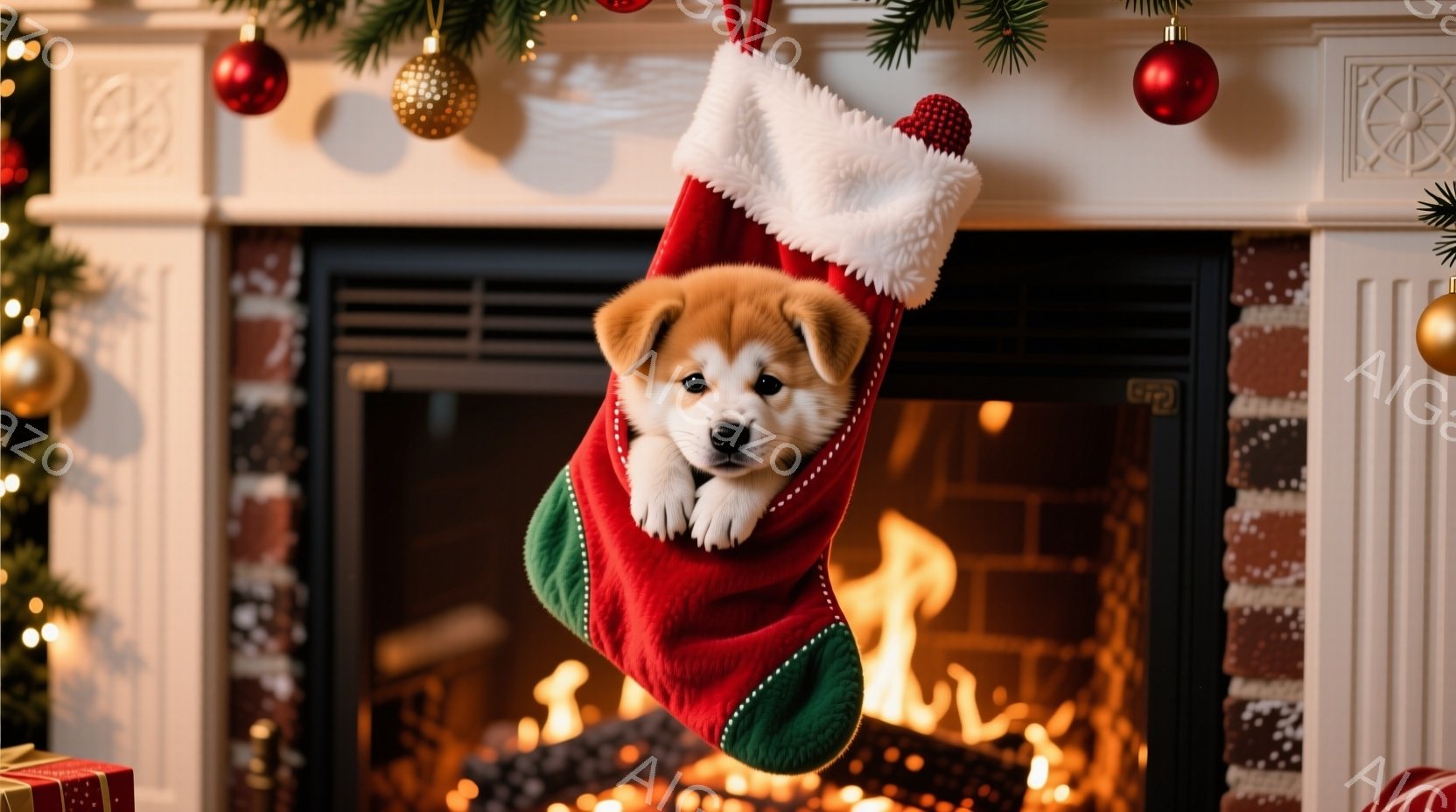 赤いクリスマスストッキングの中に、ふわふわの茶色のパピーが入っており、好奇心いっぱいの表情でこちらを見ている。ストッキングは緑色の縁取りが施され、クリスマスのオーナメントや暖炉が背景にぼやけて見え、暖 - AI生成フリー素材