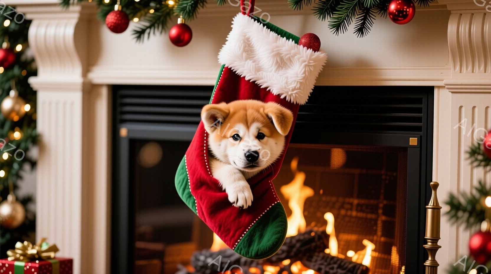 赤いクリスマスストッキングの中に、愛らしい子犬が顔を出しています。暖炉の火が暖かく灯り、背景にはクリスマスツリーの飾りとプレゼントが見えます。全体的に温かく、居心地の良いクリスマスの雰囲気が漂っていま - AI生成フリー素材