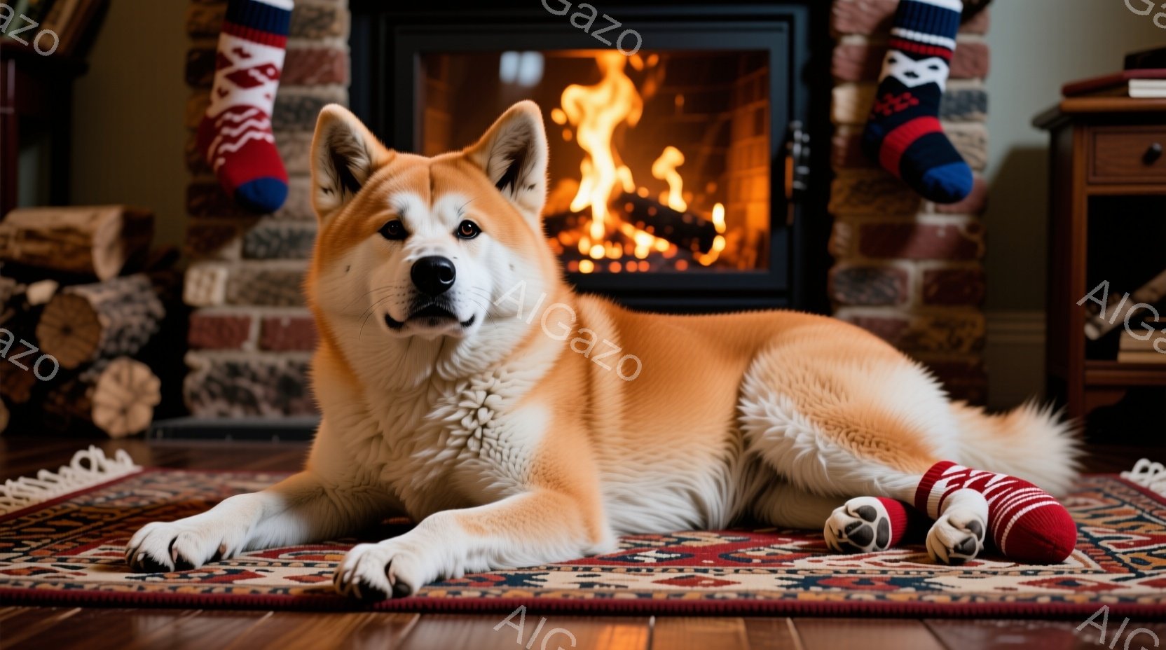 赤い模様の靴下が数本、暖炉のそばの絨毯の上に置かれ、その隣には秋田犬が横たわっています。犬はリラックスした様子で、正面を見て落ち着いた表情をしています。背景にはレンガ造りの暖炉と薪が積み重ねられ、温かく居心地の良い雰囲気を醸し出しています。