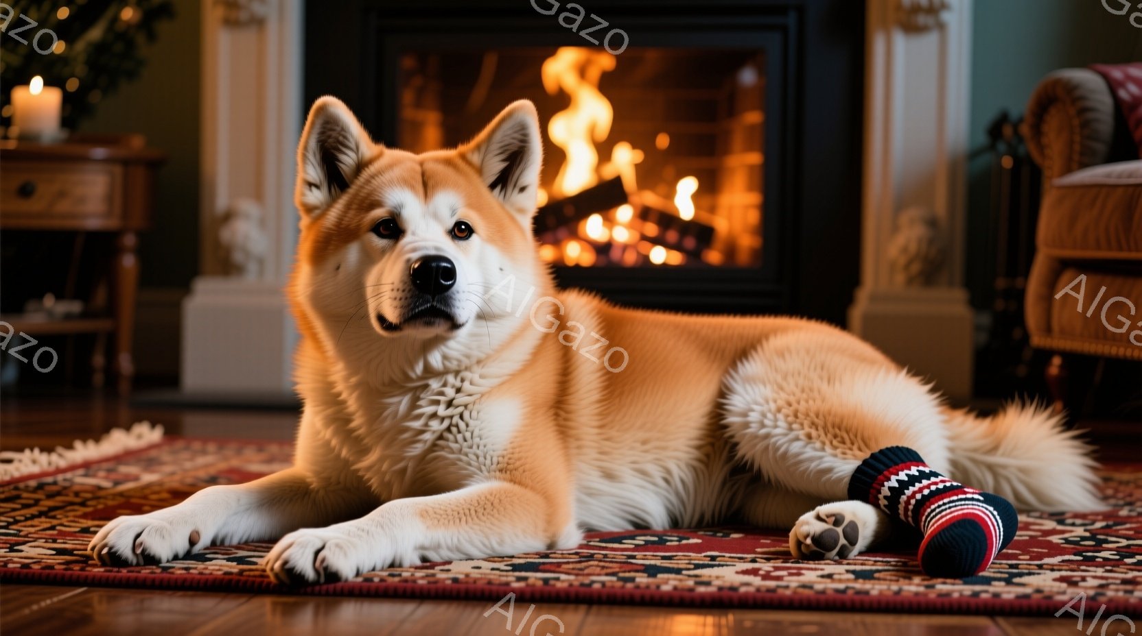 暖炉の前で、大きな秋田犬がリラックスして横たわっています。鮮やかな赤い模様の靴下が近くに置かれ、犬は穏やかで優しい表情をしています。背景には暖炉の炎と、クラシックな家具が見え、居心地の良い暖かい雰囲気が漂っています。