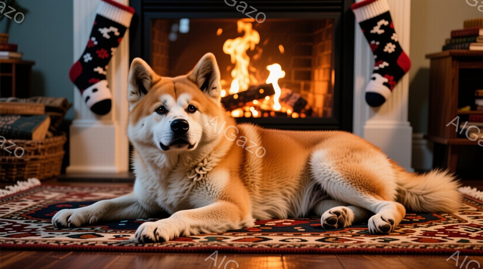 暖炉の前で、明るい茶色の秋田犬が赤い絨毯の上で横たわっています。犬はリラックスした表情で、カメラの方を見ており、首輪をつけています。背景には暖炉の火が燃え盛っており、クリスマスソックスが暖炉の両側に飾 - AI生成フリー素材