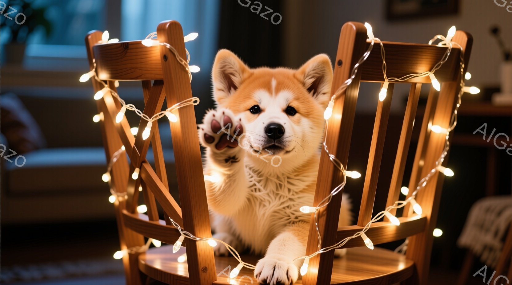 椅子に横たわる、ふわふわの柴犬の子犬が写っています。子犬は片手を上げてまるで挨拶をしているかのような可愛らしい姿で、周りは温かい光のイルミネーションで飾られています。背景にはぼんやりと部屋の様子が見え - AI生成フリー素材