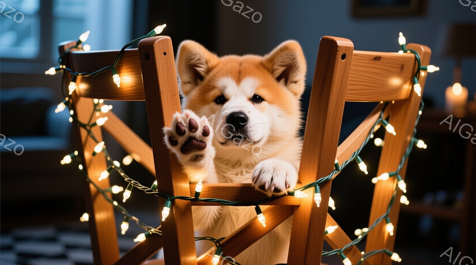 鮮やかなクリーム色の毛並みを持つ秋田犬の子犬が、木製の椅子に座ってこちらを見つめています。子犬は前足を伸ばして何かを掴もうとしているような仕草をしており、その表情は可愛らしく、遊び心に満ちています。背 - AI生成フリー素材