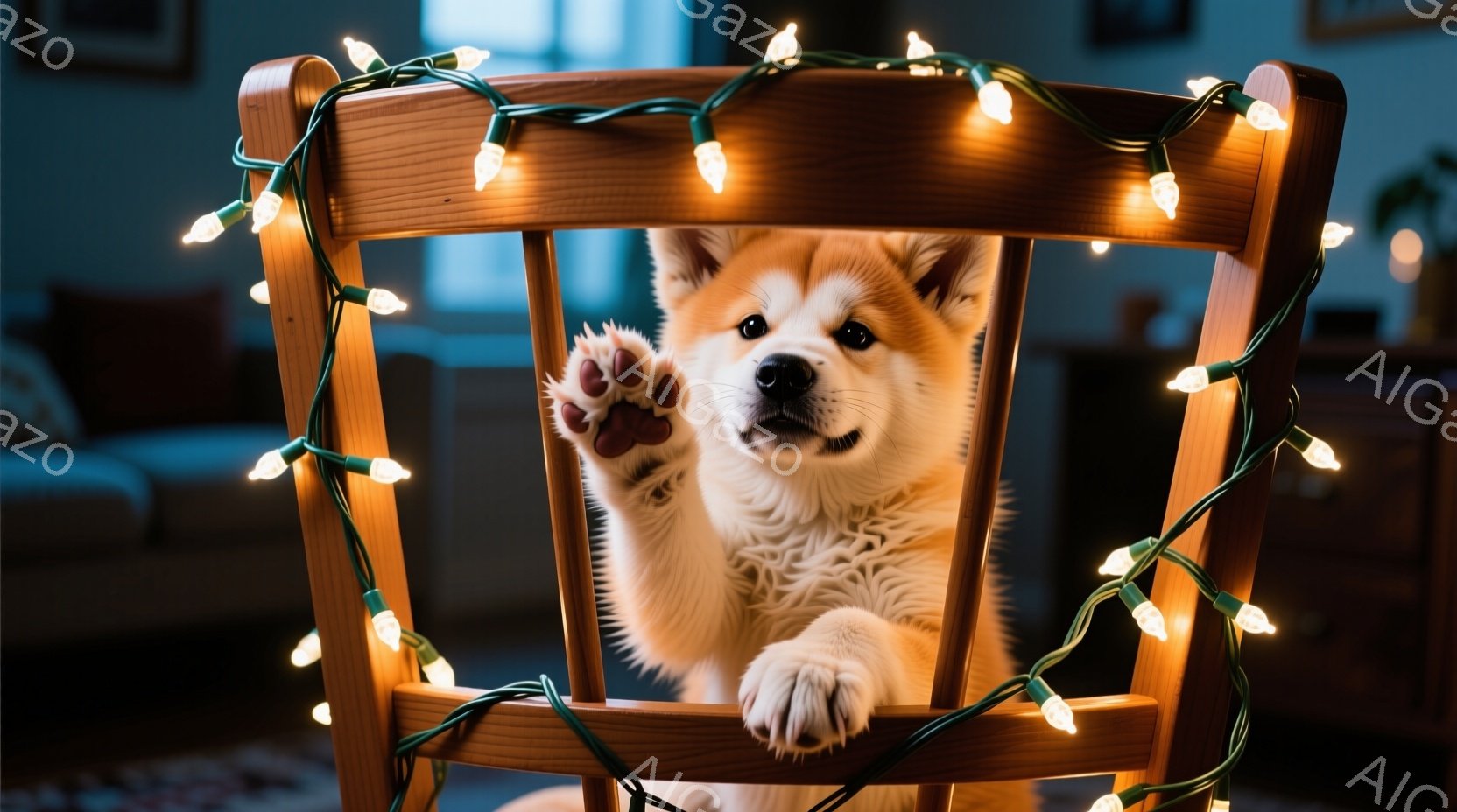 柔らかいクリーム色の毛並みの犬が、木製の椅子の背もたれに前足をかけ、お茶目な表情でこちらを見ている。周りには温かい光を放つクリスマスライトが飾られており、背景にはぼやけたリビングルームが見える。全体的 - AI生成フリー素材