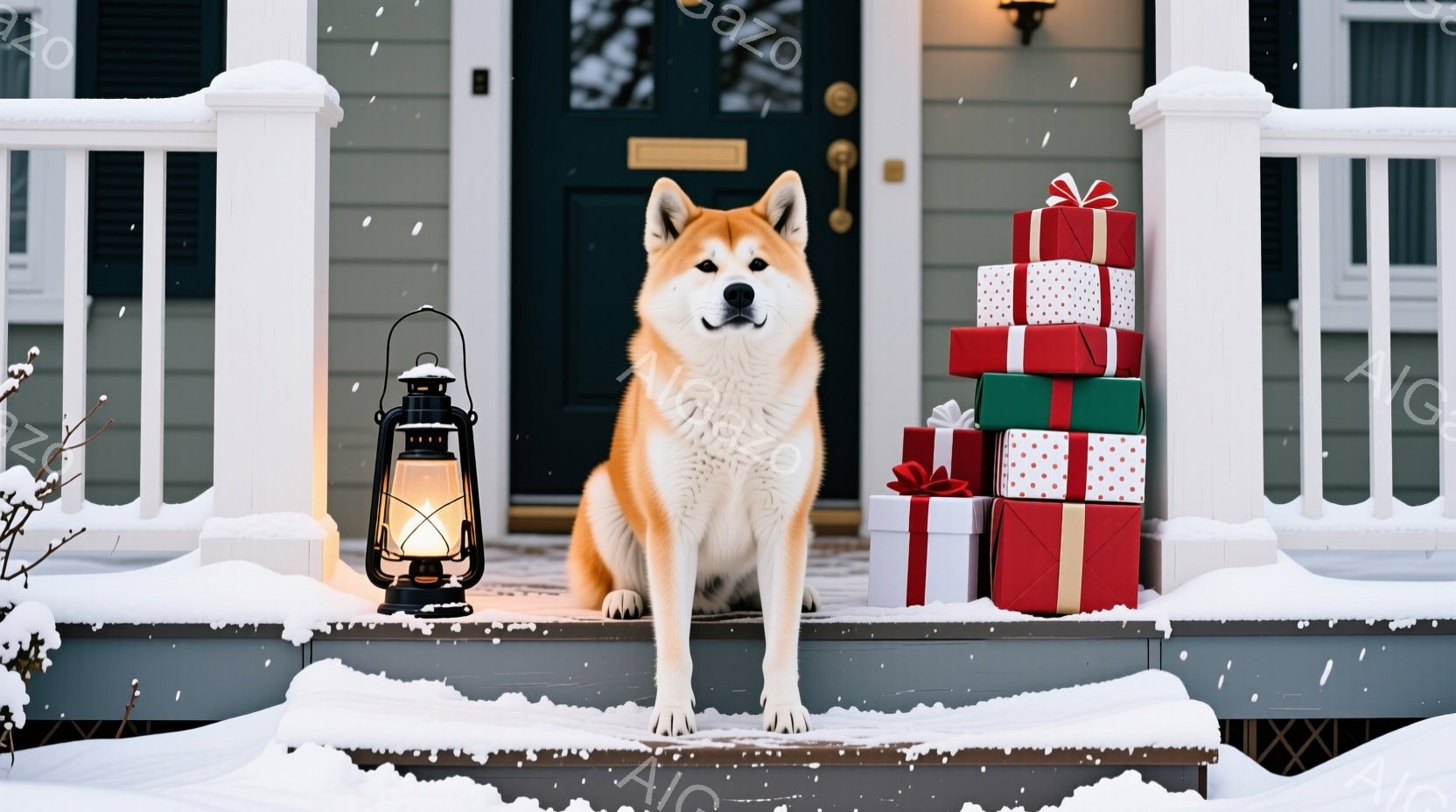 白い雪が降り積もる家の玄関先に、秋田犬が凛々と座っています。周りには色とりどりの包装紙で飾られたプレゼントの山が積まれ、隣にはオイルランプが置かれています。雪景色と暖色のプレゼント、犬の落ち着いた表情が、静かで温かいクリスマスの雰囲気を醸し出しています。