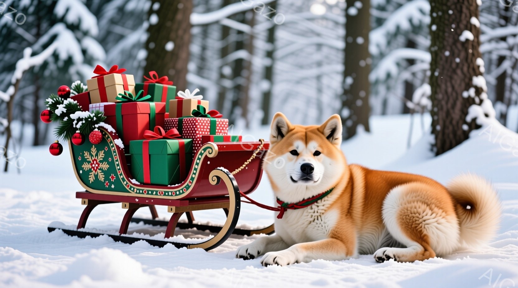 雪景色の中に、赤いそりがプレゼントでいっぱいになって置かれています。柴犬がそりの隣に横たわり、穏やかな表情でこちらを見つめています。背景には雪に覆われた木々が立ち並び、全体的に暖かく、心安らぐクリスマ - AI生成フリー素材