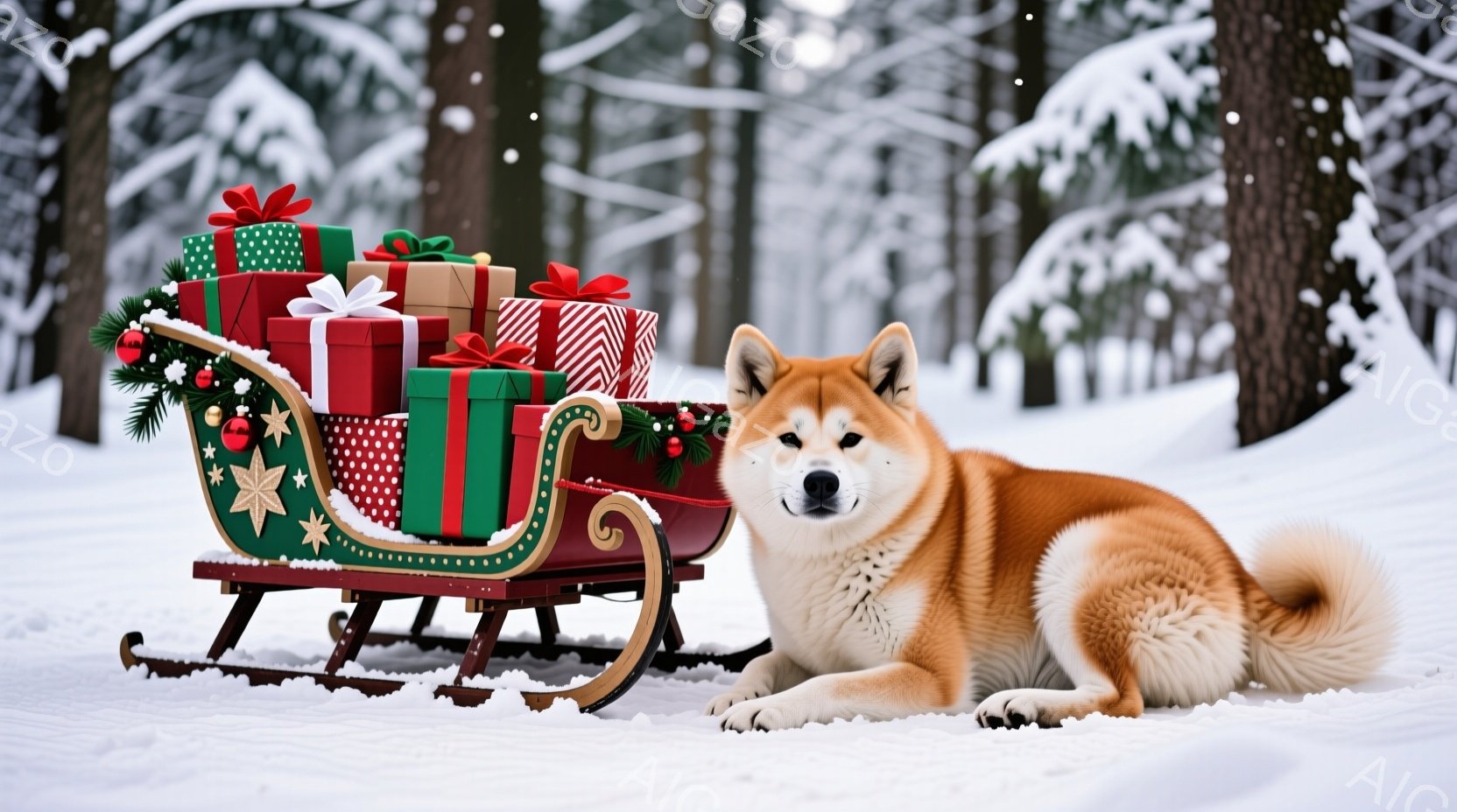 白い雪景色の中に、オレンジ色の柴犬が横たわっています。その隣には、赤、緑、金色のリボンやオーナメントで飾られたプレゼントがたくさん積まれたそりが置かれています。背景には雪に覆われた木々が立ち並び、クリ - AI生成フリー素材