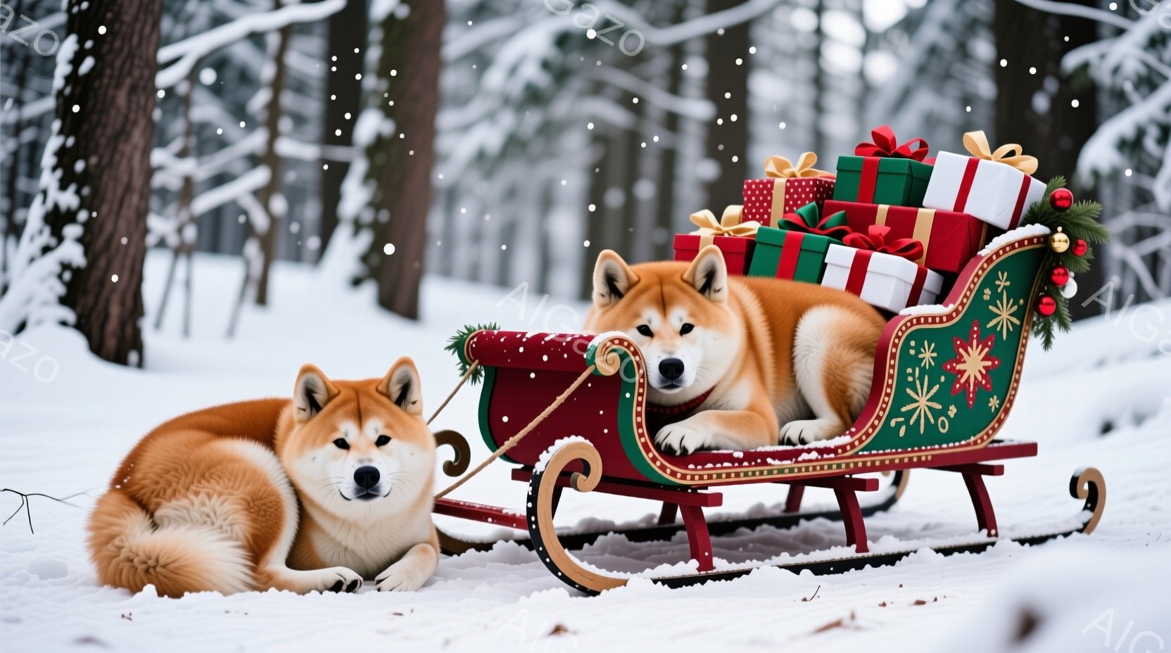 2匹の柴犬が雪景色の中でそりに乗っています。1匹はそりの上で、クリスマスプレゼントの山に囲まれて横になり、もう1匹はそりの横に座ってリラックスした表情をしています。背景には雪に覆われた木々があり、冬の - AI生成フリー素材