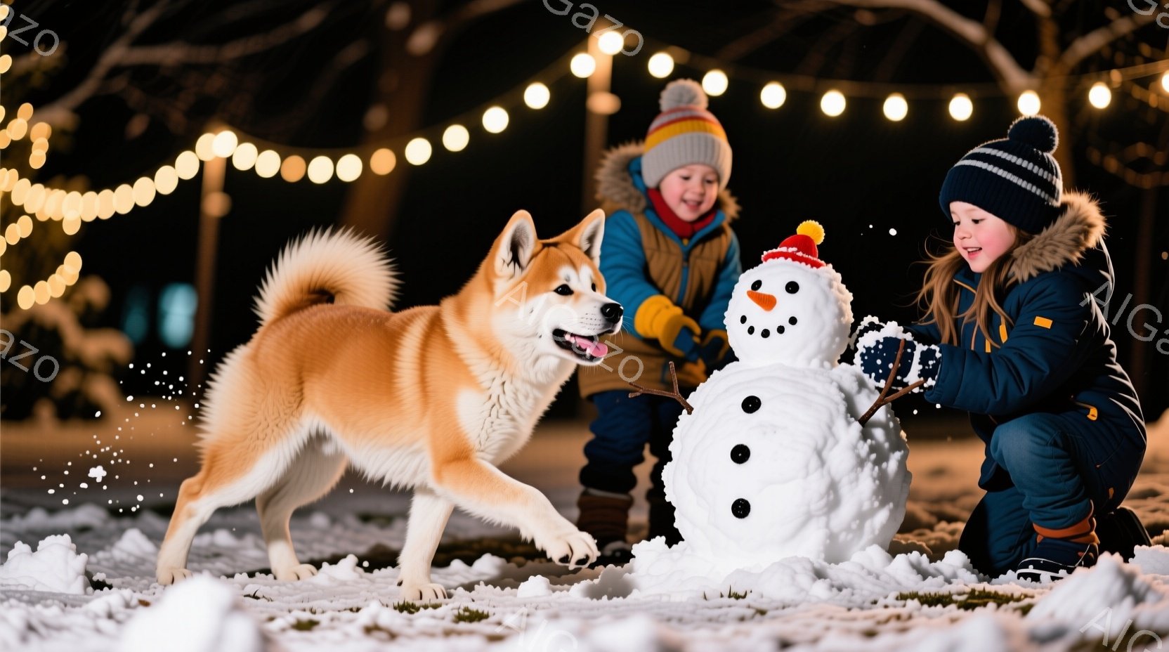雪景色の中で、少年が犬と雪だるまを作っています。少年はオレンジ色のジャンパーと黒いズボンを着用し、ニット帽をかぶっています。犬は赤褐色の毛並みで、興奮して少年の周りを走り回っています。 - AI生成フリー素材